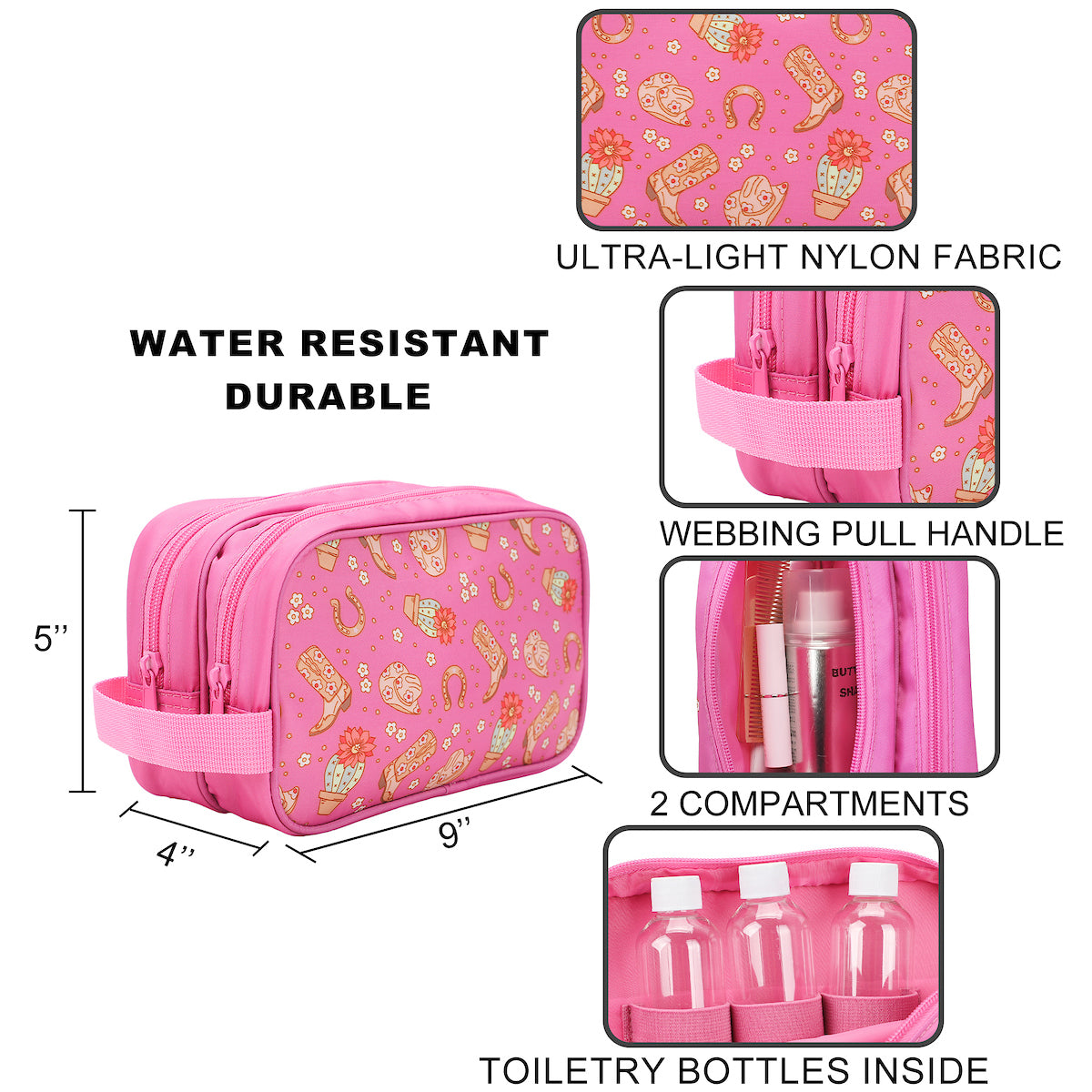 Western Print Dual Compartment Pink Toiletry Cosmetic Kit