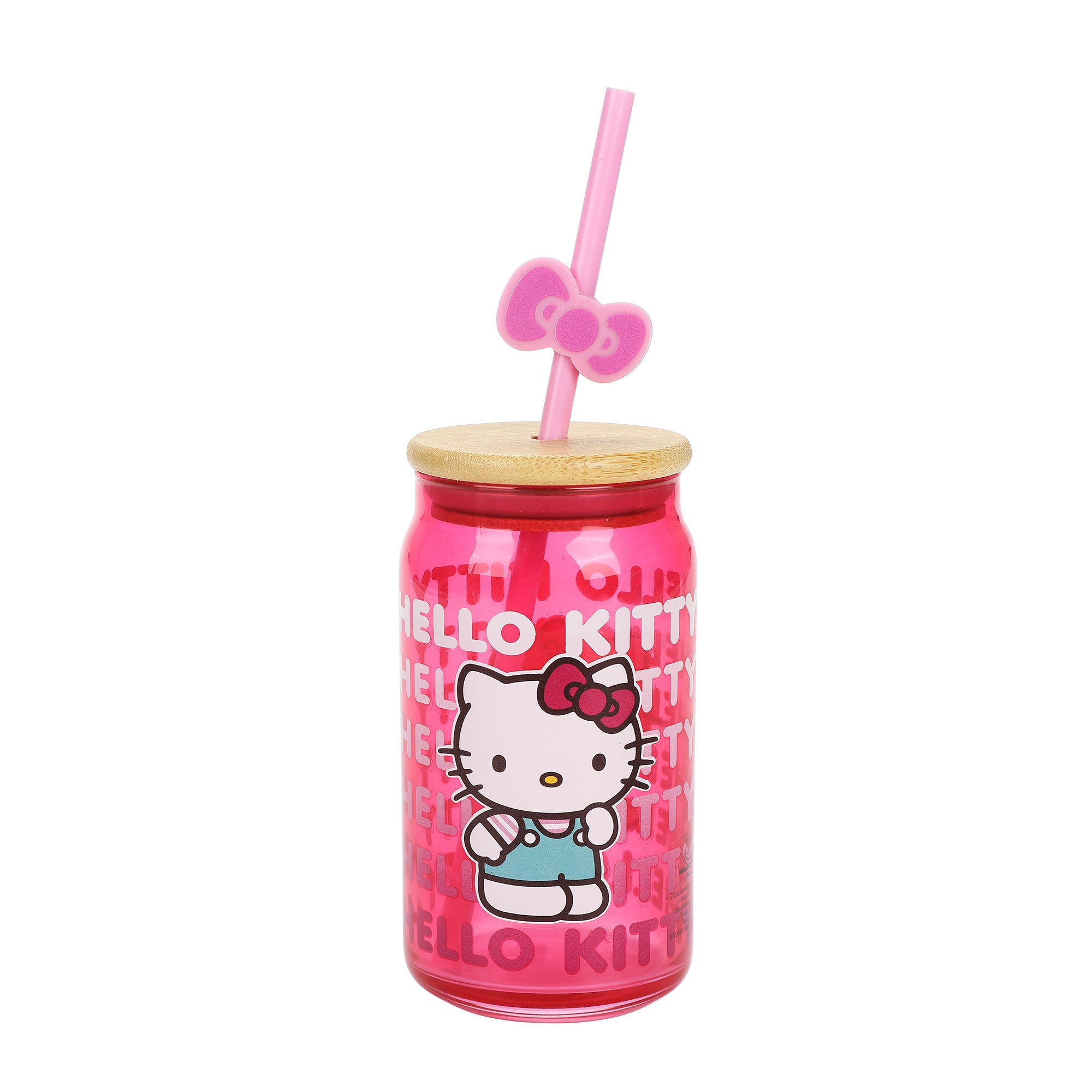 Hello Kitty Repeated Text 15oz Glass Cup with Straw and Lid