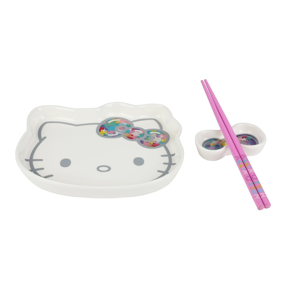 Hello Kitty Character Head Sushi Plate With Bow Sauce Tray & Pink Chopsticks