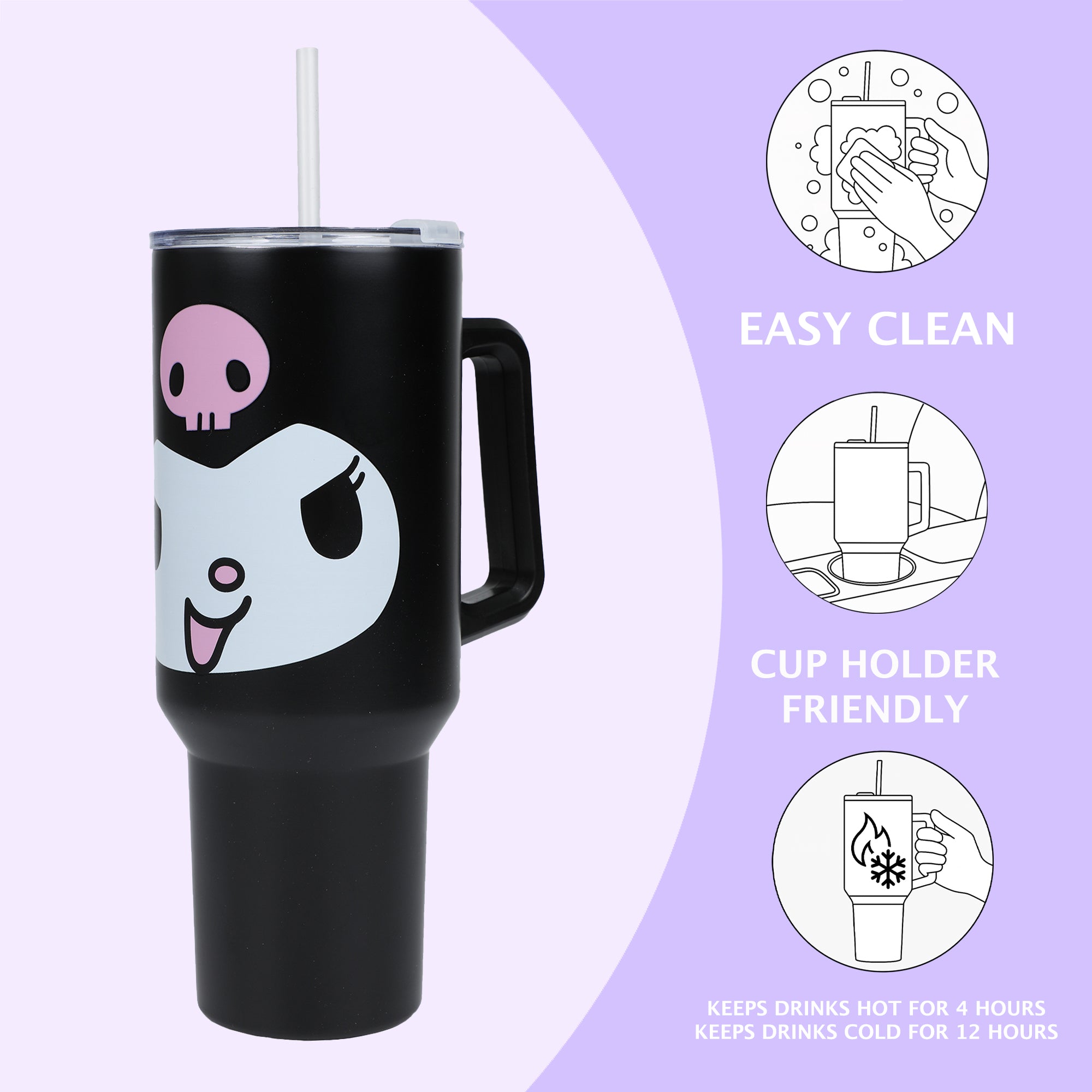 Sanrio Kuromi Vacuum Insulated 40 Oz. Stainless Steel Tumbler with Leak-Proof Lid & Easy Carry Handle for Travel or Home