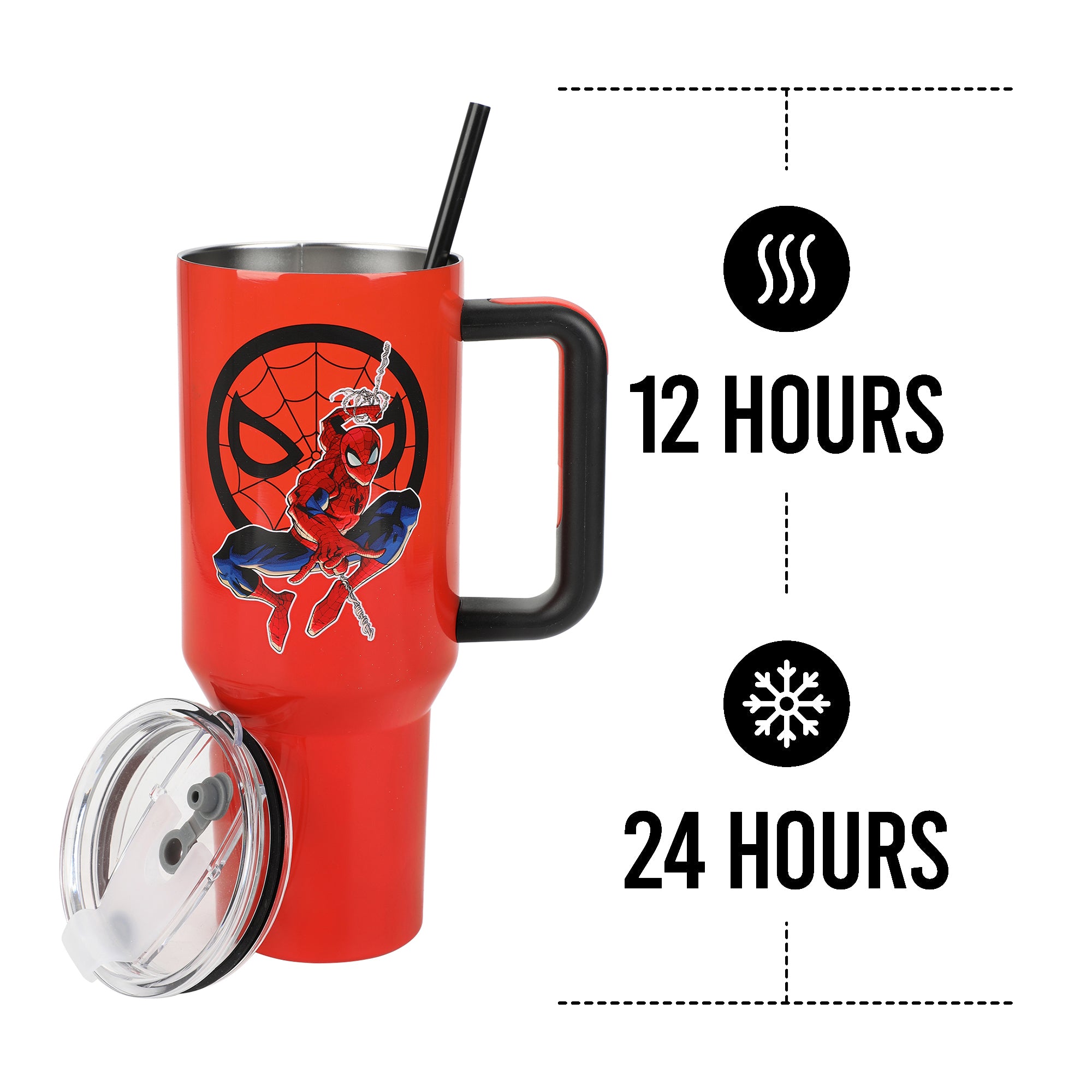Marvel Spider-Man Vacuum Insulated 40 Oz. Red Stainless Steel Tumbler with Leak-Proof Lid & Easy Carry Handle for Travel or Home
