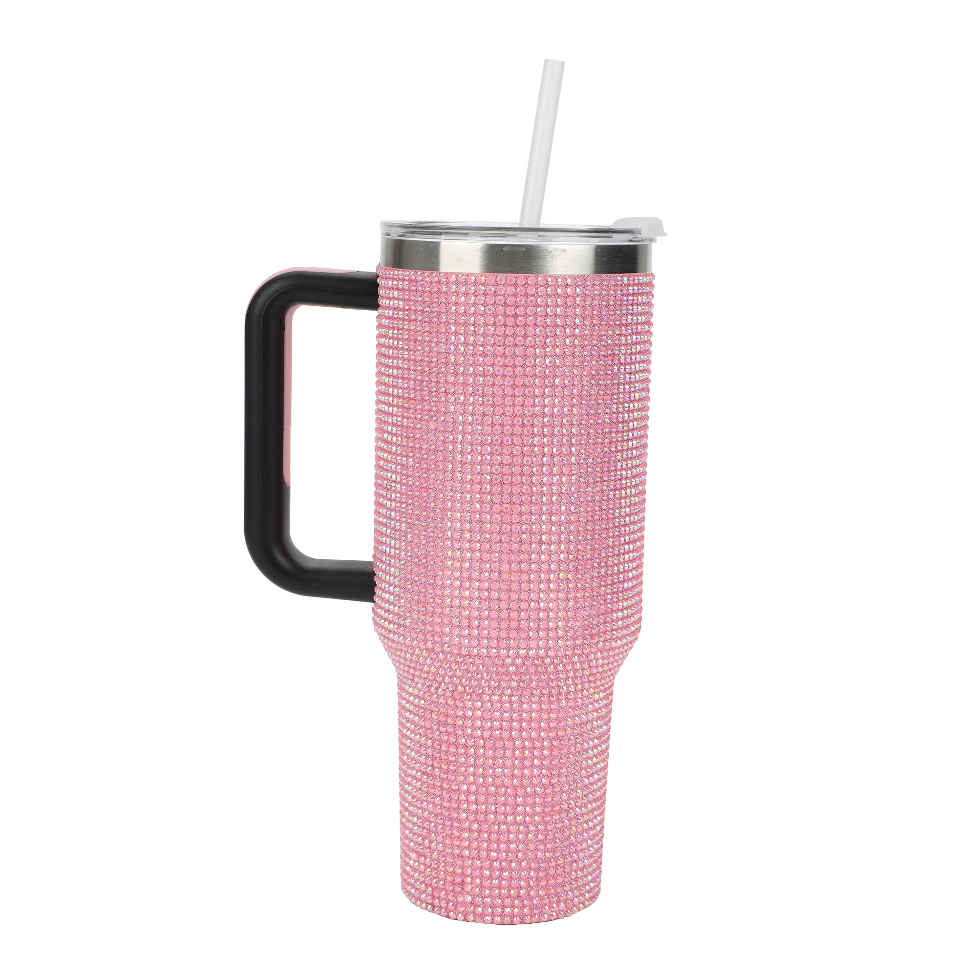 Pink Rhinestone Vacuum Insulated 40 Oz. Stainless Steel Tumbler with Leak-Proof Lid & Easy Carry Handle for Travel or Home