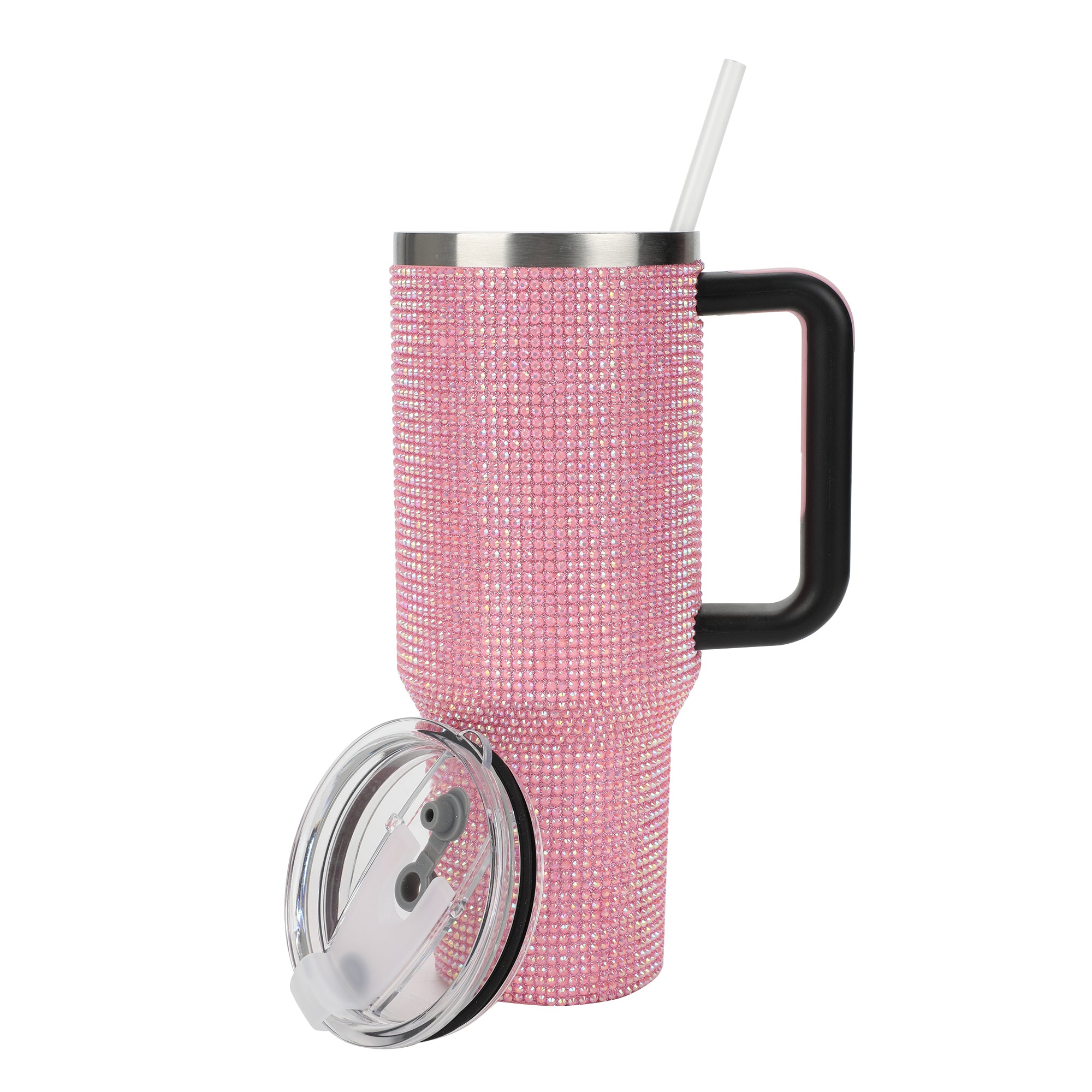 Pink Rhinestone Vacuum Insulated 40 Oz. Stainless Steel Tumbler with Leak-Proof Lid & Easy Carry Handle for Travel or Home