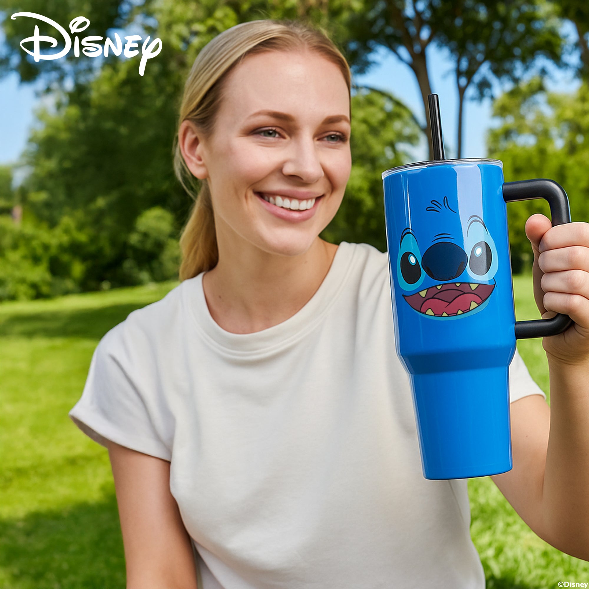 Disney Stitch Face 40 Oz Blue Stainless Steel Tumbler with Handle