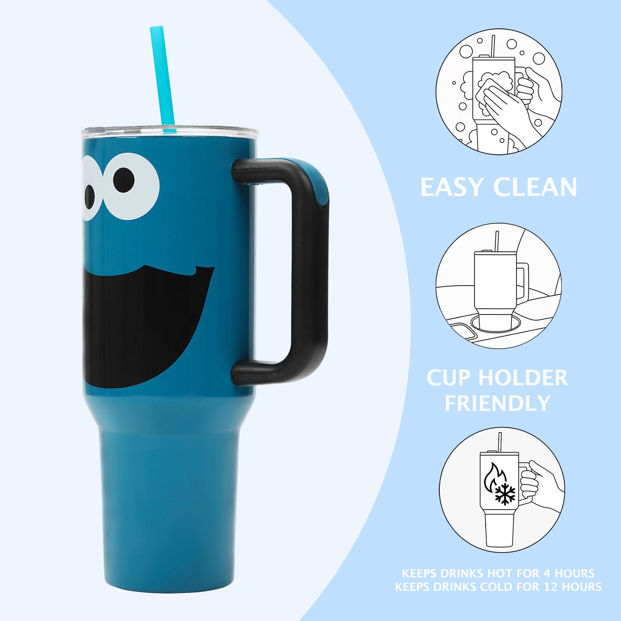 Sesame Street Cookie Monster 40 Oz. Vacuum Insulated Stainless Steel Tumbler with Straw & Leak-Proof Lid Blue Character Design Easy Carry Handle for Travel or Home