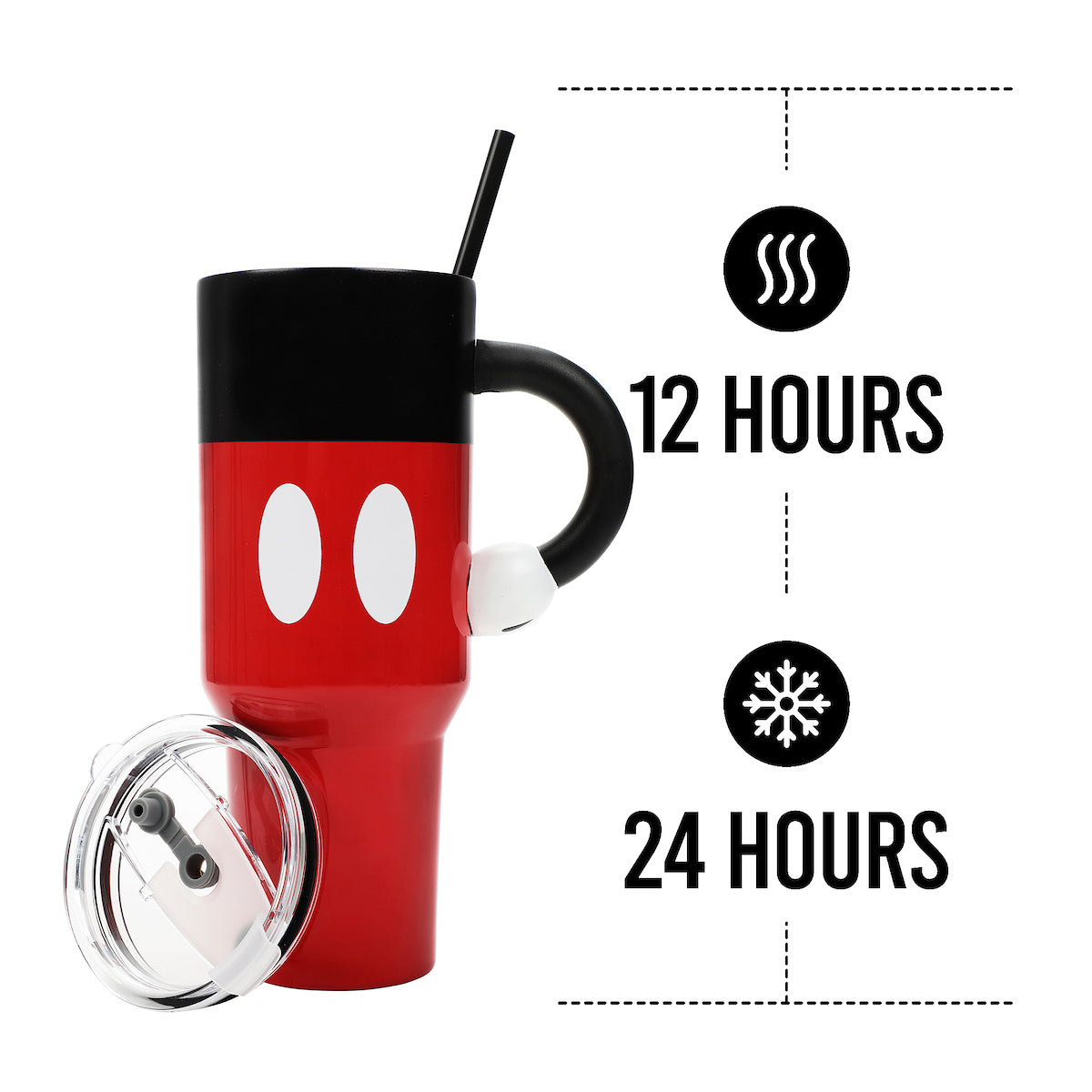 Disney Mickey Mouse Vacuum Insulated 40 Oz. Stainless Steel Tumbler with Sculpted Arm Handle Leak-Proof Lid & Straw for Travel or Home