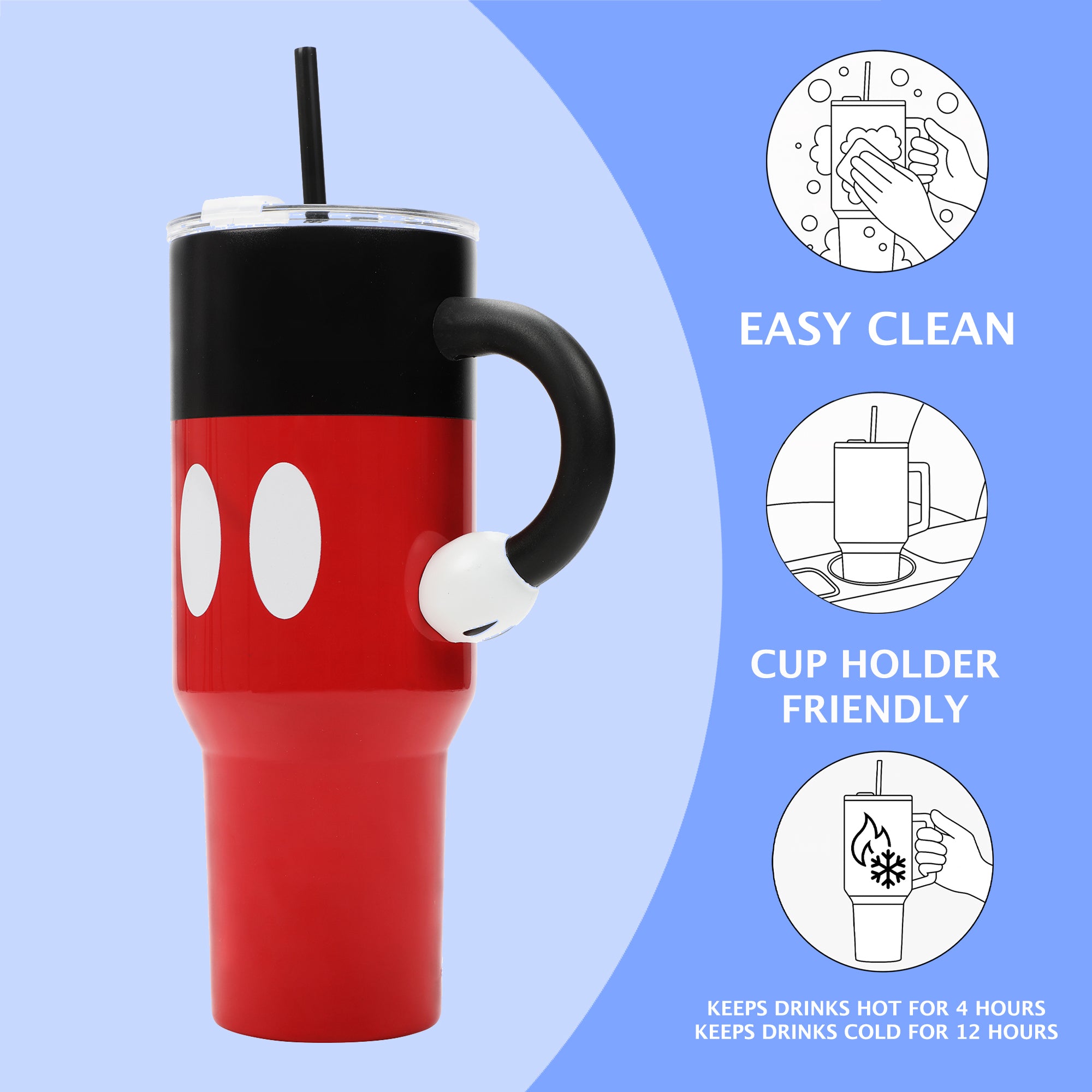 Disney Mickey Mouse Vacuum Insulated 40 Oz. Stainless Steel Tumbler with Sculpted Arm Handle Leak-Proof Lid & Straw for Travel or Home