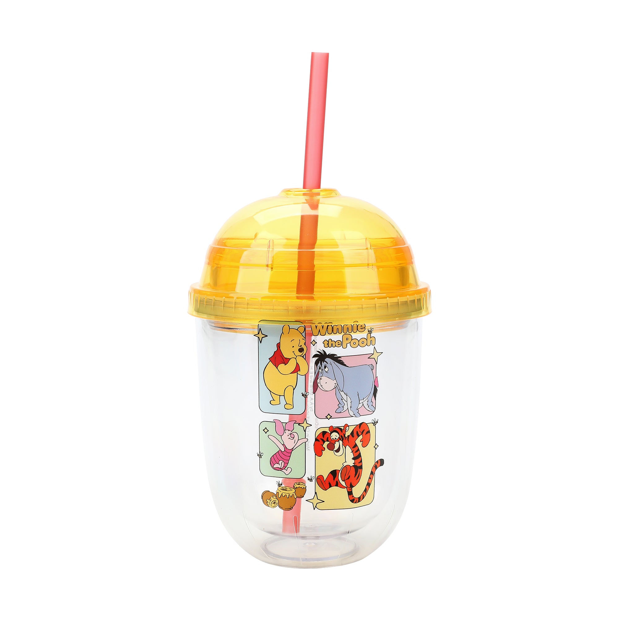 Disney Winnie The Pooh Character Squares 13 Oz Double Wall Plastic Cup With Yellow Dome Lid & Straw