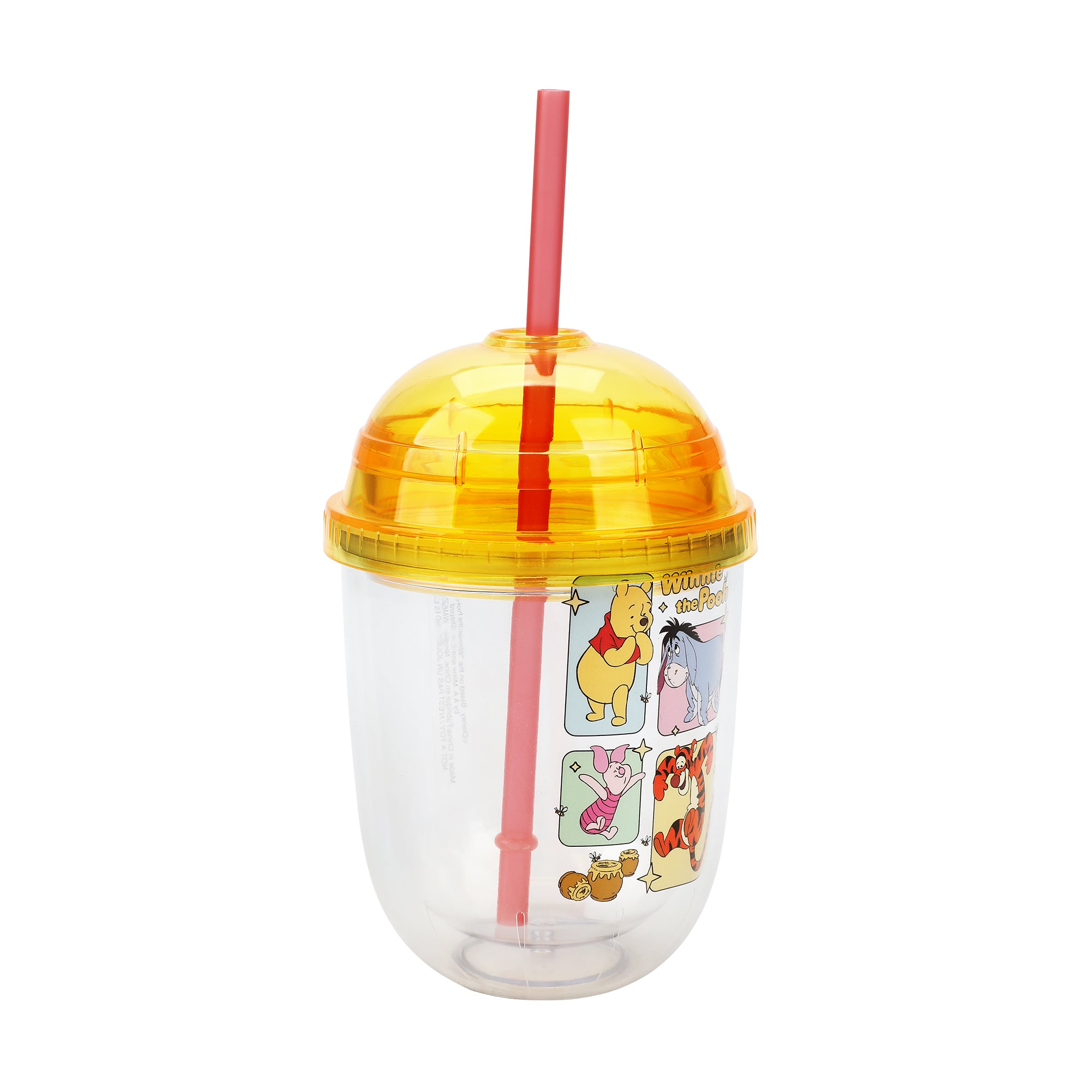 Disney Winnie The Pooh Character Squares 13 Oz Double Wall Plastic Cup With Yellow Dome Lid & Straw