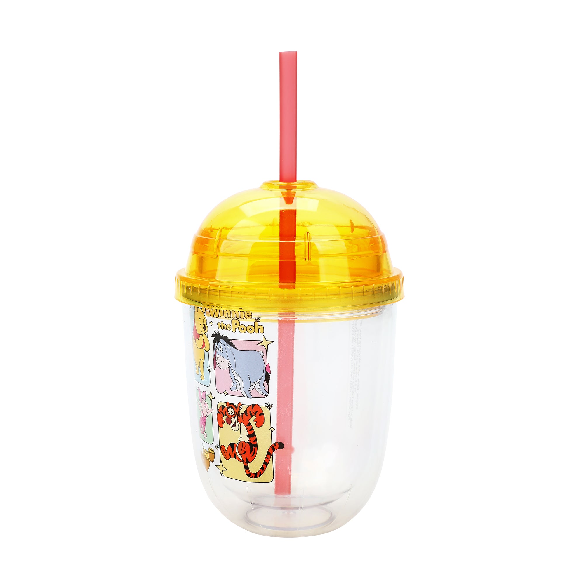 Disney Winnie The Pooh Character Squares 13 Oz Double Wall Plastic Cup With Yellow Dome Lid & Straw