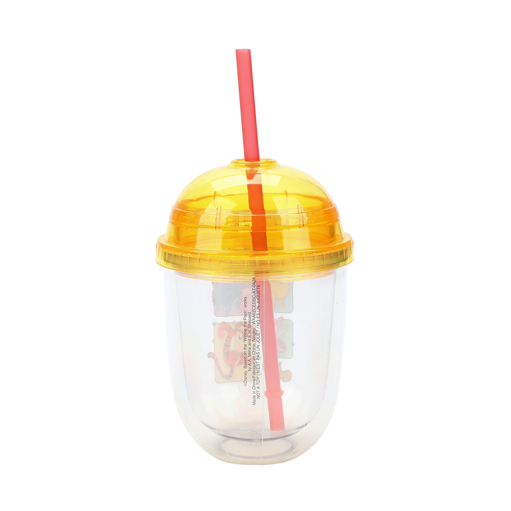 Disney Winnie The Pooh Character Squares 13 Oz Double Wall Plastic Cup With Yellow Dome Lid & Straw