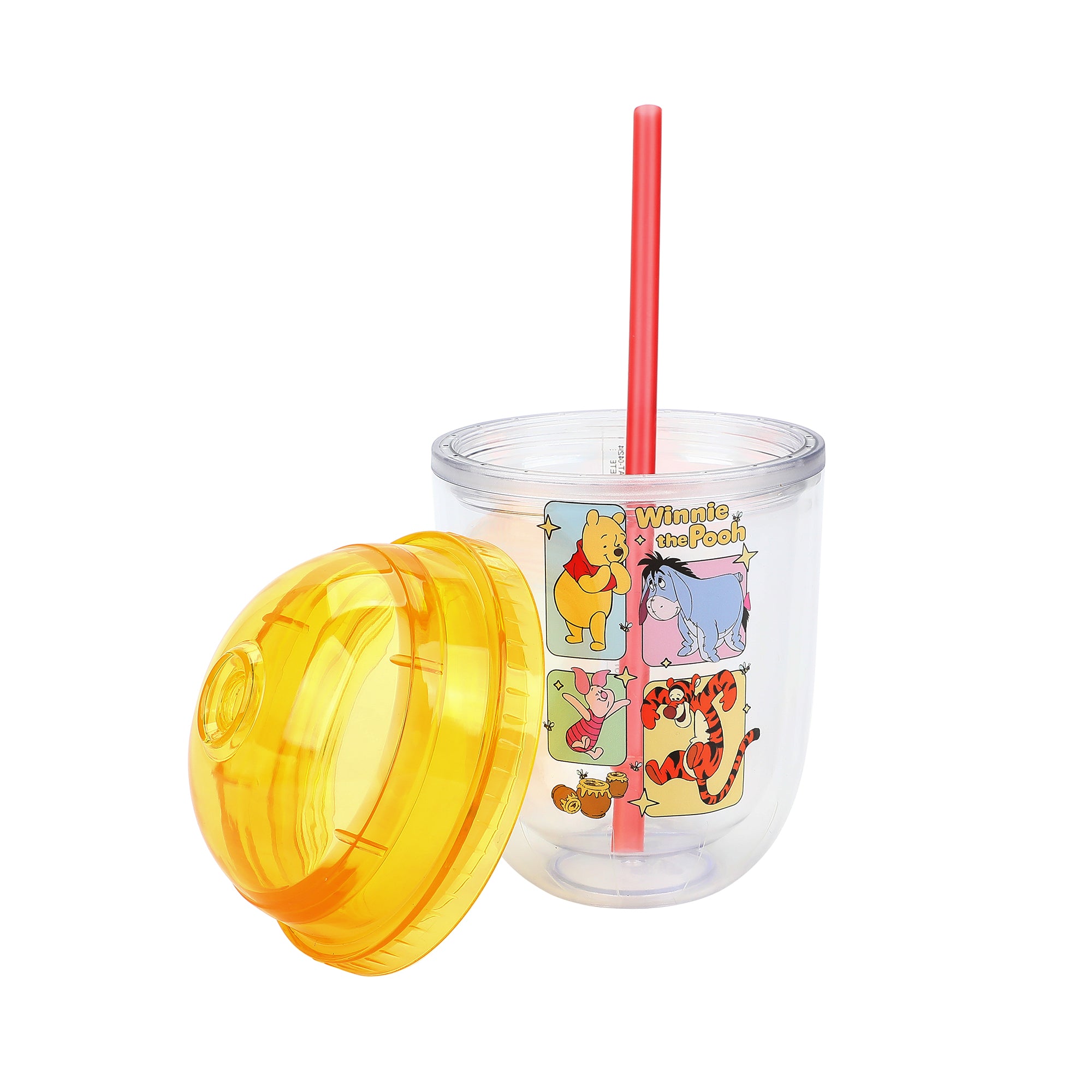 Disney Winnie The Pooh Character Squares 13 Oz Double Wall Plastic Cup With Yellow Dome Lid & Straw