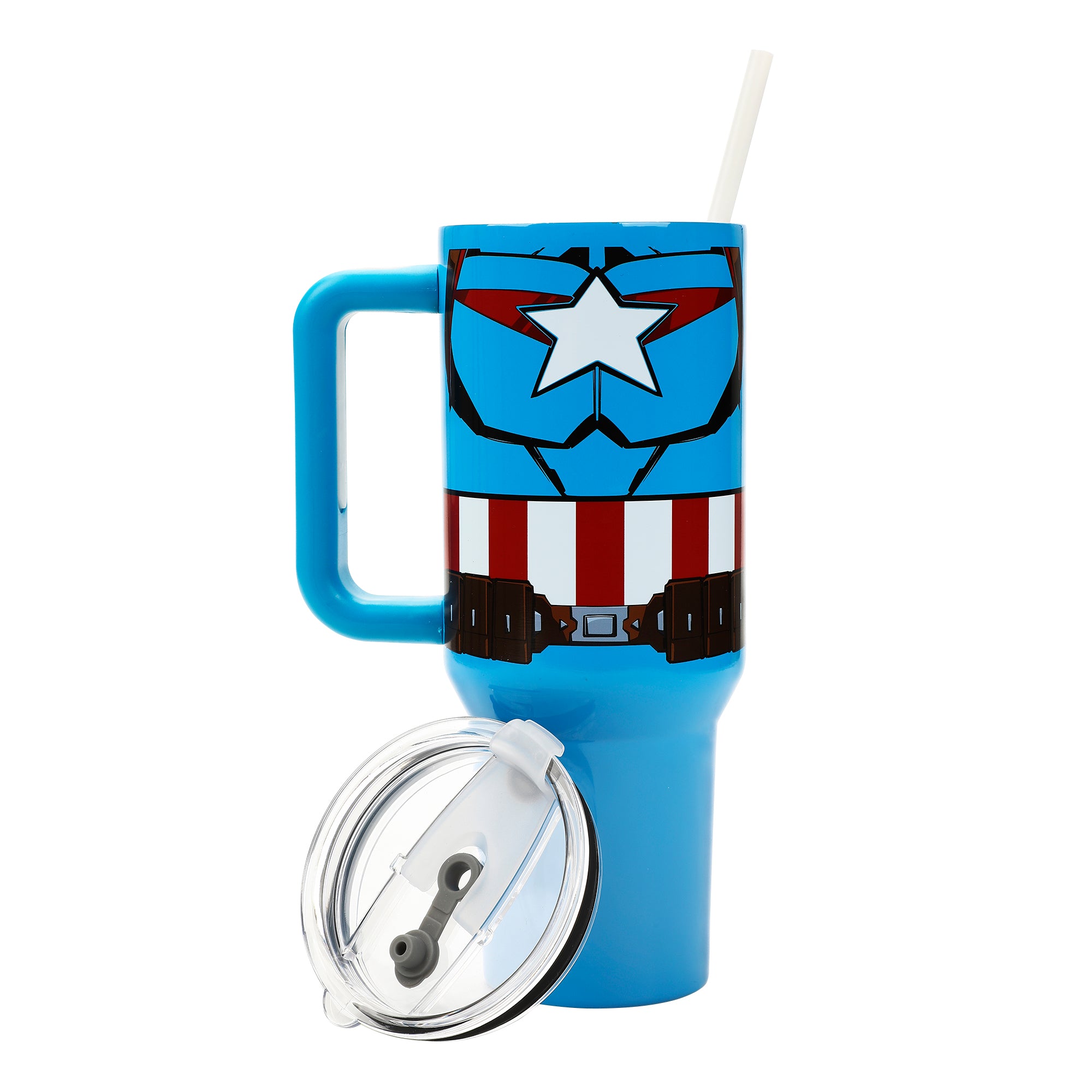 Bioworld Marvel Captain America Costume & Shield Vacuum Insulated 40 Oz Blue Stainless Steel Tumbler with Leak-Proof Lid & Easy Carry Handle for Travel or Home