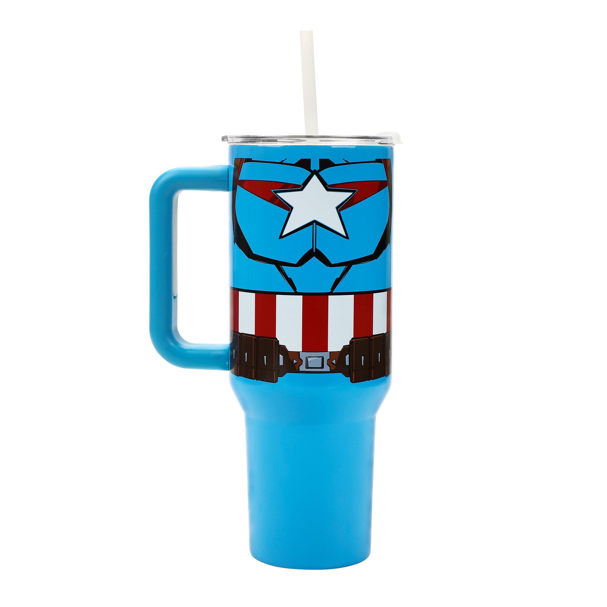 Bioworld Marvel Captain America Costume & Shield Vacuum Insulated 40 Oz Blue Stainless Steel Tumbler with Leak-Proof Lid & Easy Carry Handle for Travel or Home