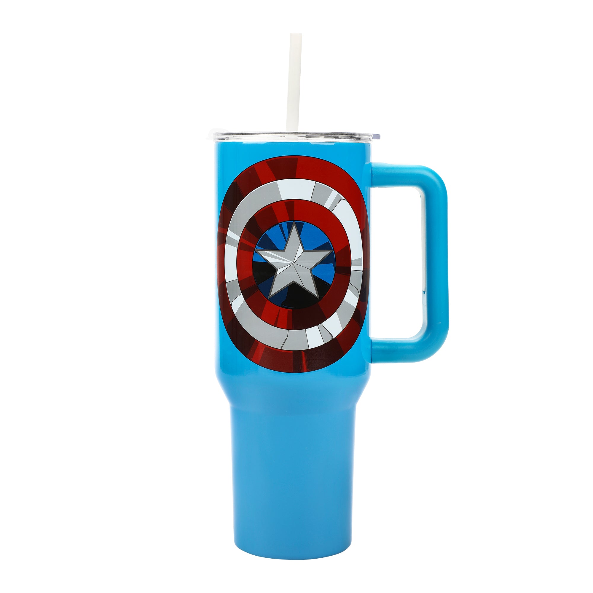 Bioworld Marvel Captain America Costume & Shield Vacuum Insulated 40 Oz Blue Stainless Steel Tumbler with Leak-Proof Lid & Easy Carry Handle for Travel or Home