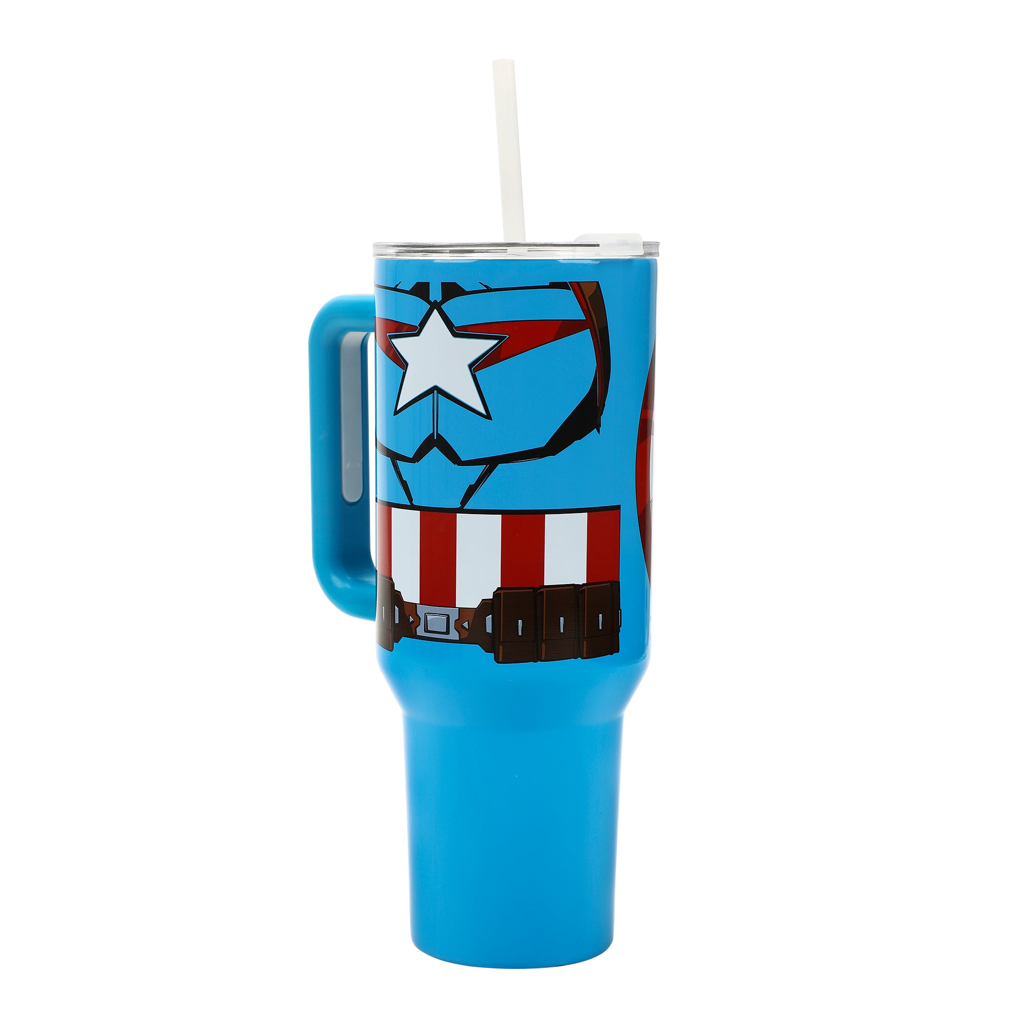 Bioworld Marvel Captain America Costume & Shield Vacuum Insulated 40 Oz Blue Stainless Steel Tumbler with Leak-Proof Lid & Easy Carry Handle for Travel or Home
