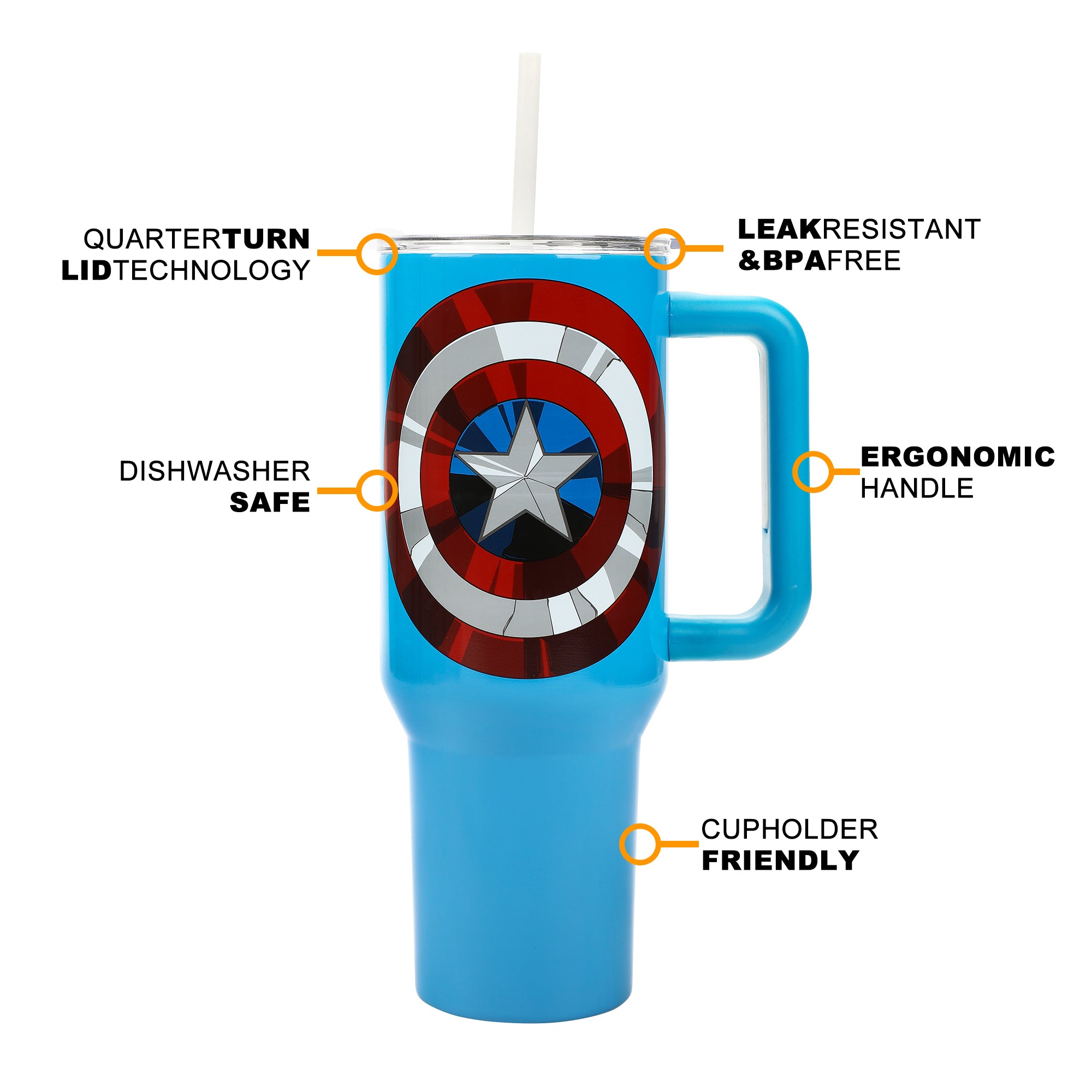 Bioworld Marvel Captain America Costume & Shield Vacuum Insulated 40 Oz Blue Stainless Steel Tumbler with Leak-Proof Lid & Easy Carry Handle for Travel or Home