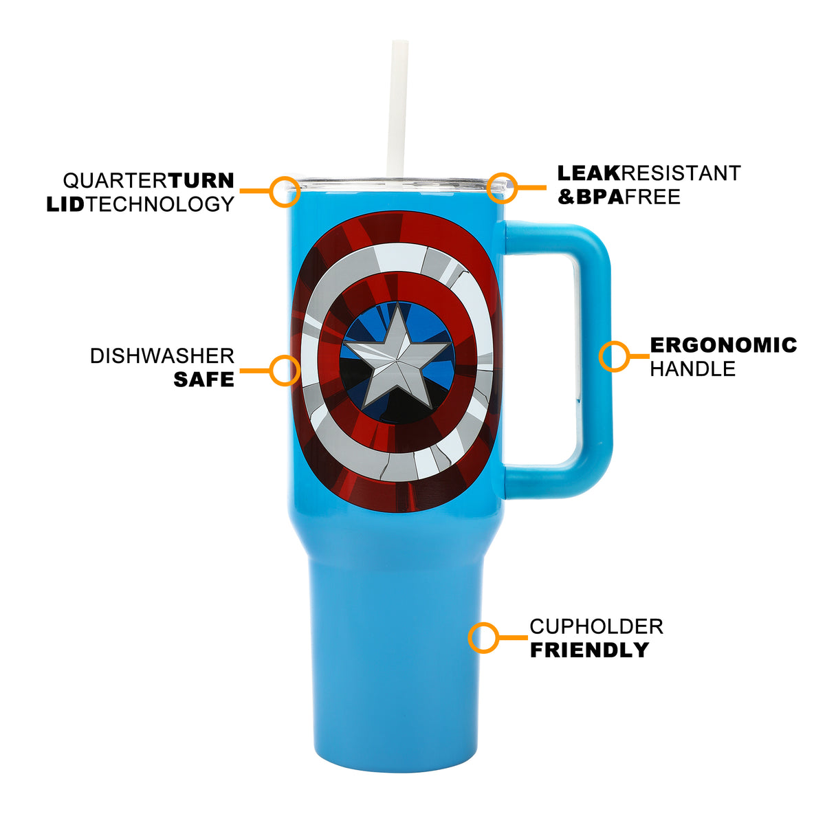 Bioworld Marvel Captain America Costume & Shield Vacuum Insulated 40 Oz Blue Stainless Steel Tumbler with Leak-Proof Lid & Easy Carry Handle for Travel or Home