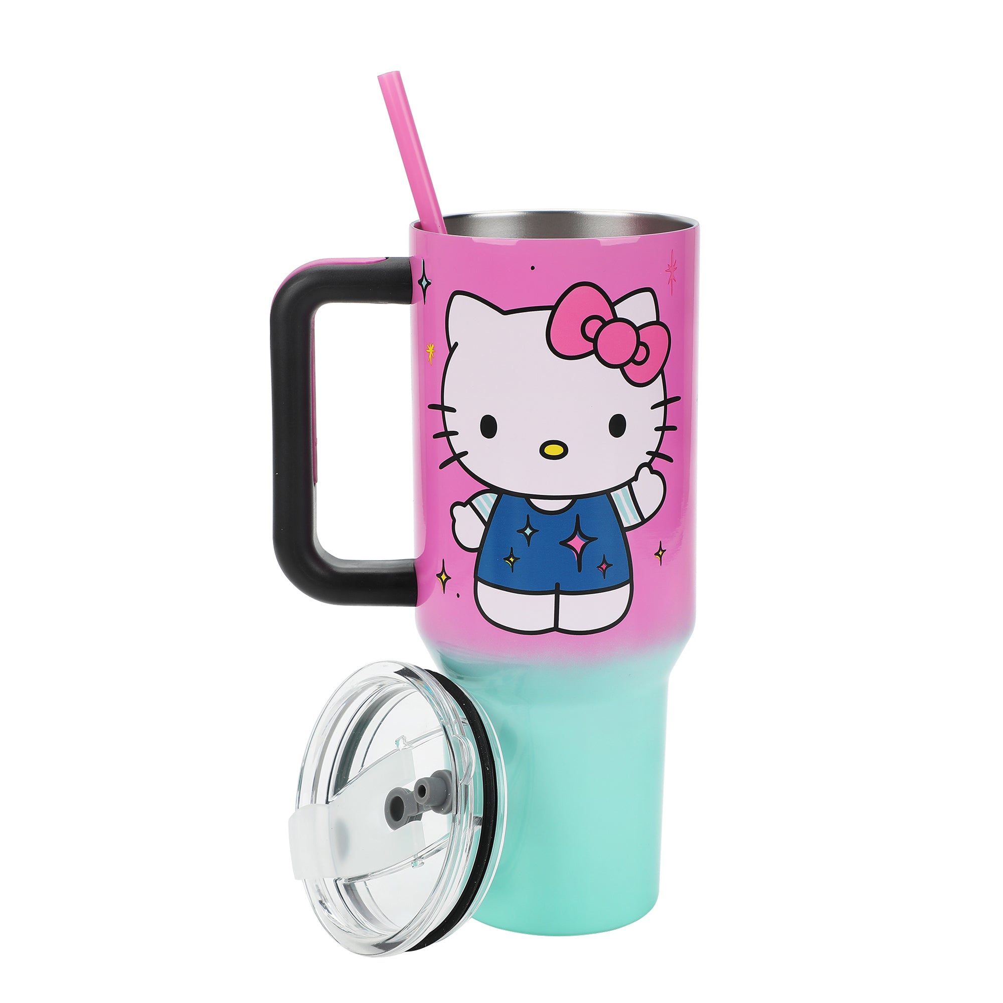 Bioworld Hello Kitty "Never Lose Your Spark" Vacuum Insulated 40 Oz. Pink & Green Ombre Stainless Steel Tumbler with Leak-Proof Lid & Easy Carry Handle for Travel or Home