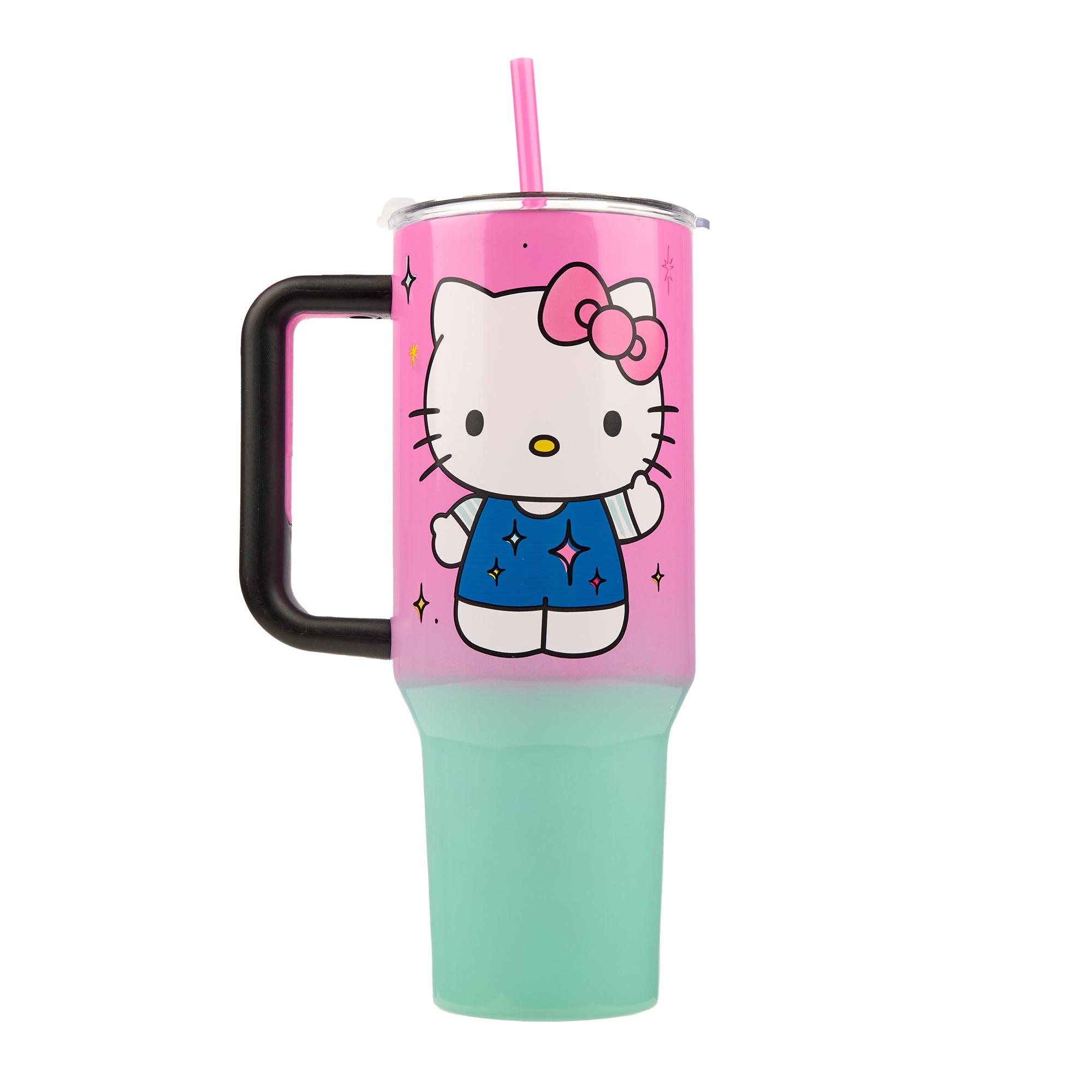 Bioworld Hello Kitty "Never Lose Your Spark" Vacuum Insulated 40 Oz. Pink & Green Ombre Stainless Steel Tumbler with Leak-Proof Lid & Easy Carry Handle for Travel or Home