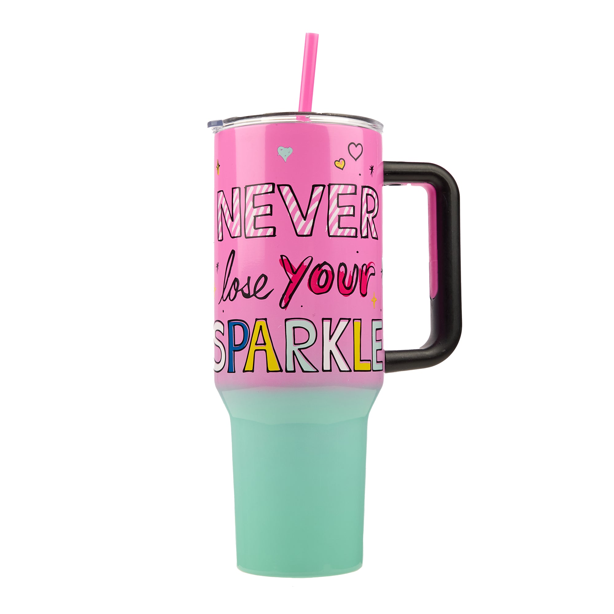 Bioworld Hello Kitty "Never Lose Your Spark" Vacuum Insulated 40 Oz. Pink & Green Ombre Stainless Steel Tumbler with Leak-Proof Lid & Easy Carry Handle for Travel or Home