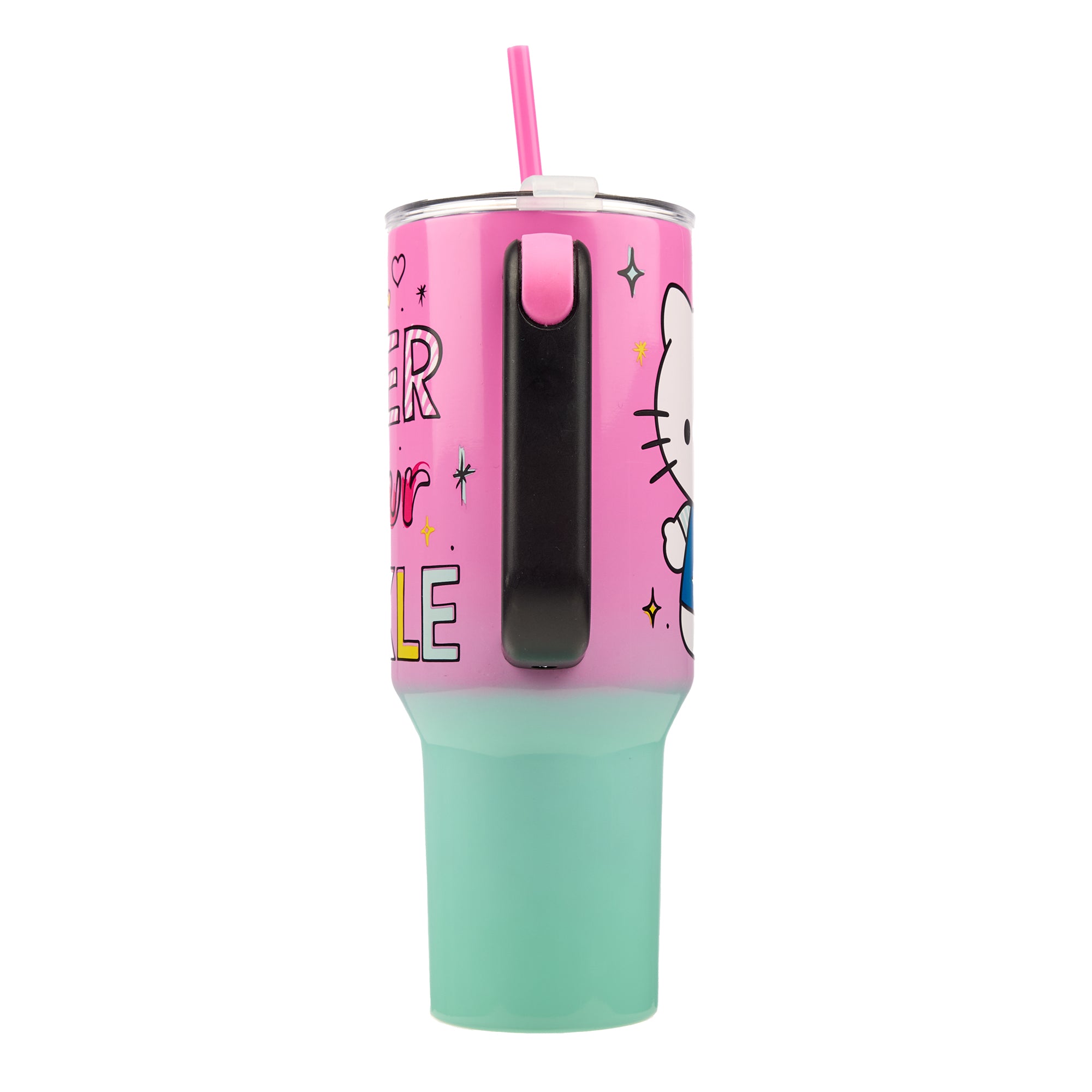 Bioworld Hello Kitty "Never Lose Your Spark" Vacuum Insulated 40 Oz. Pink & Green Ombre Stainless Steel Tumbler with Leak-Proof Lid & Easy Carry Handle for Travel or Home