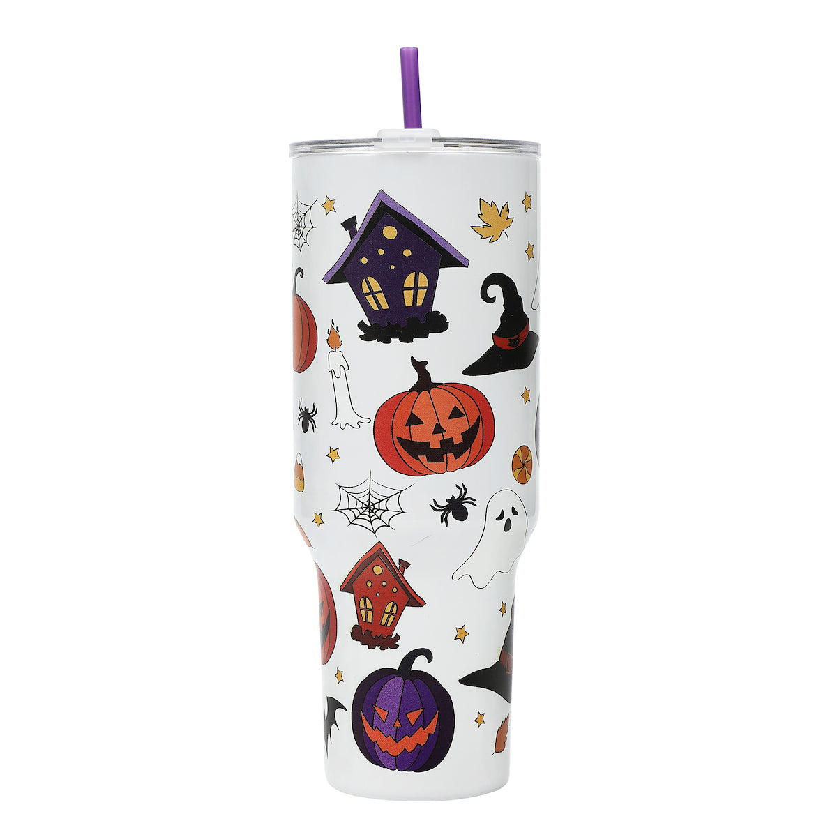Bioworld Halloween Scary Icons 40 Oz Vacuum Insulated White Stainless Steel Tumbler with Handle & Leak-Proof Lid, Double-Wall Design for Hot or Cold Drinks