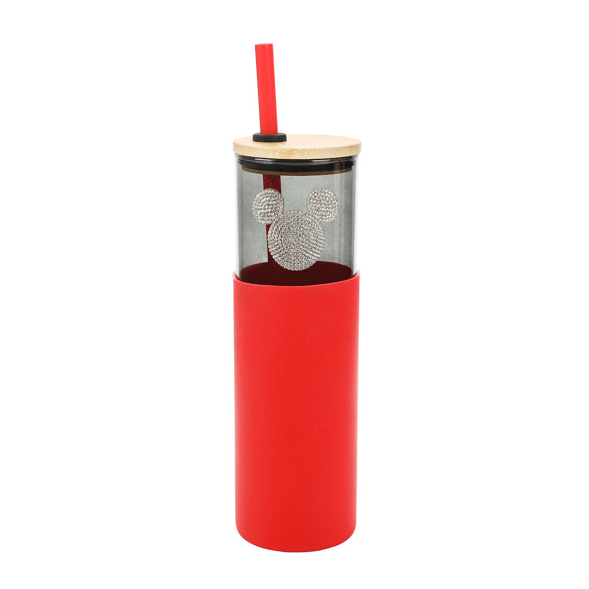 Disney Mickey Mouse Bling Badge Black 24 Oz Glass Water Bottle With Silicone Sleeve Straw & Lid