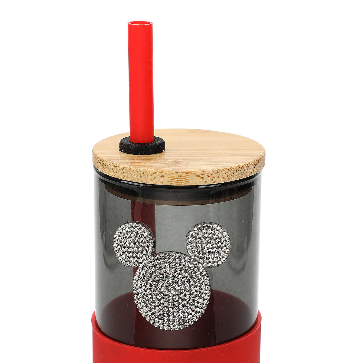 Disney Mickey Mouse Bling Badge Black 24 Oz Glass Water Bottle With Silicone Sleeve Straw & Lid