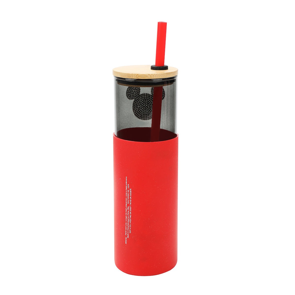 Disney Mickey Mouse Bling Badge Black 24 Oz Glass Water Bottle With Silicone Sleeve Straw & Lid