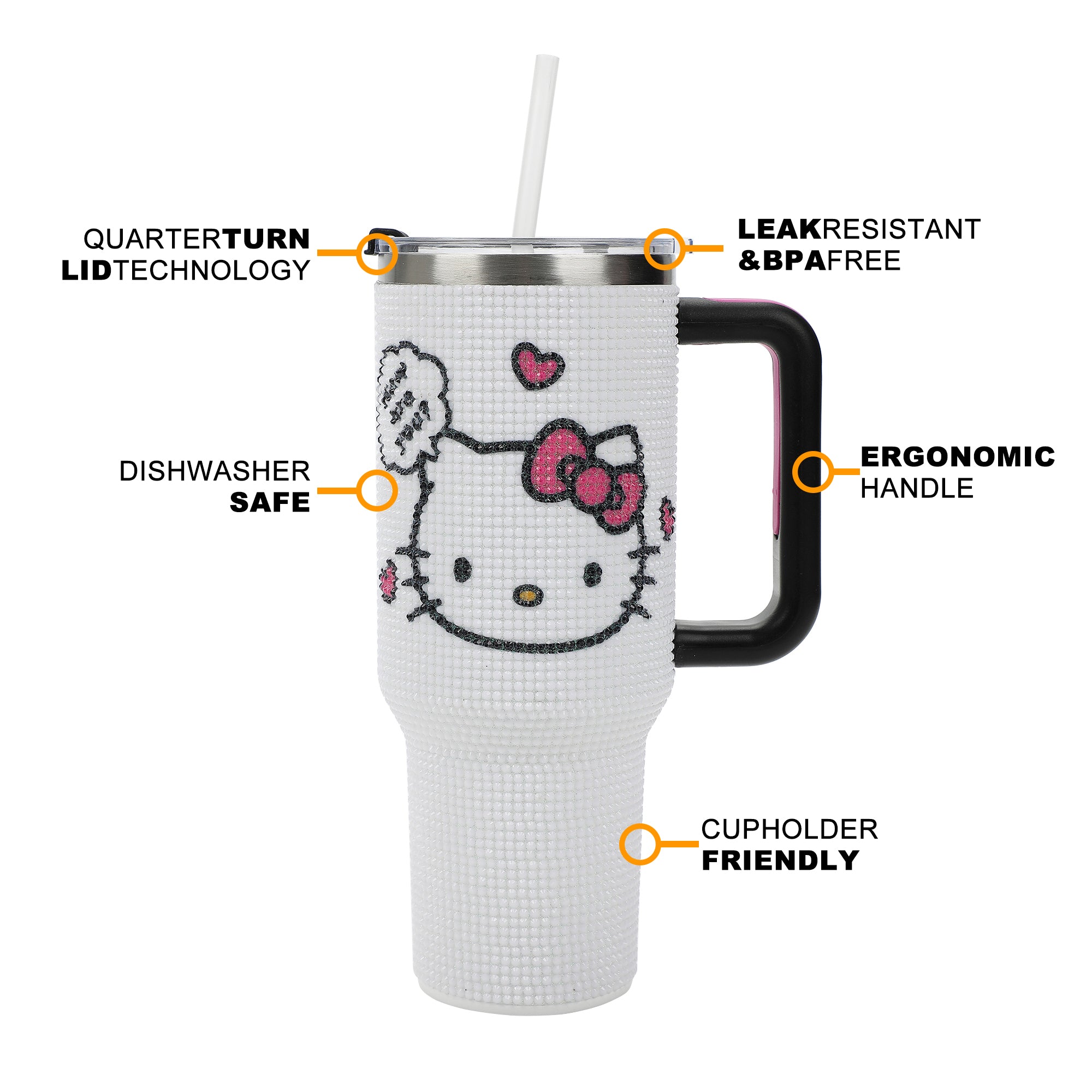 Hello Kitty Character Head White 40 Oz Rhinestone-Coated Stainless Steel Tumbler With Handle-OSFA
