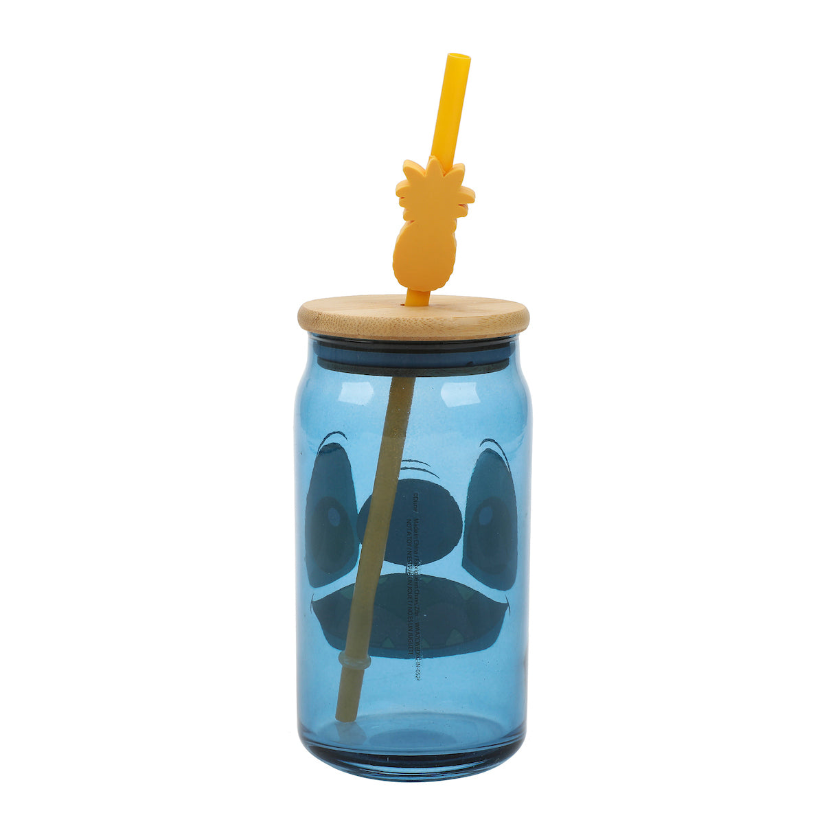 Disney Stitch Big Face 15 Oz Blue Glass Bottle With Straw & Lid