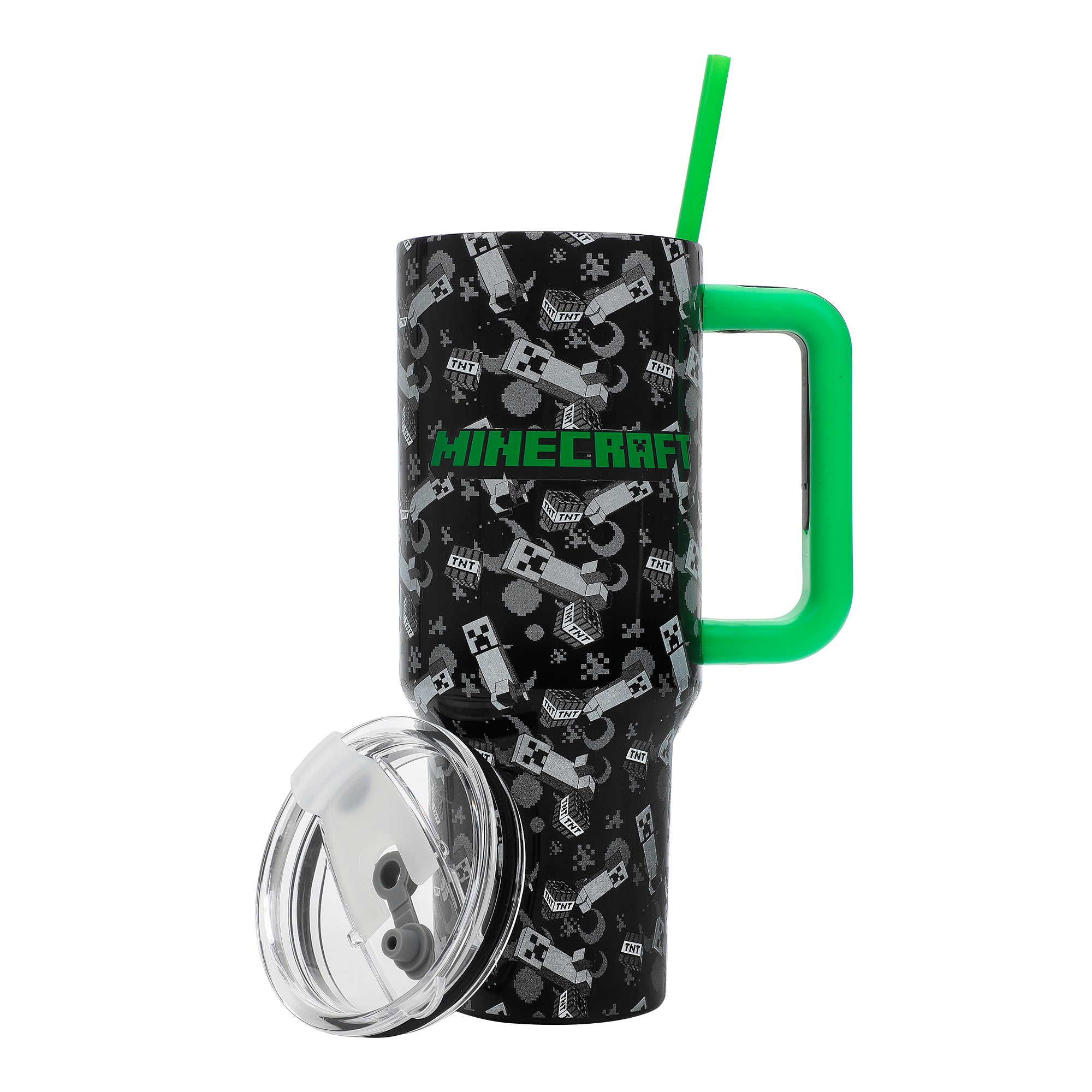 Bioworld Minecraft Creeper & TNT Vacuum Insulated 40 Oz. Black Stainless Steel Tumbler with Leak-Proof Lid & Easy Carry Handle for Travel or Home