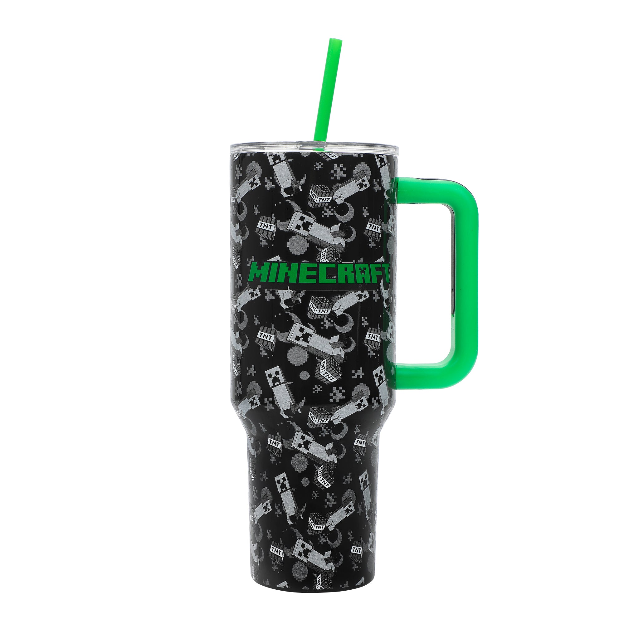 Bioworld Minecraft Creeper & TNT Vacuum Insulated 40 Oz. Black Stainless Steel Tumbler with Leak-Proof Lid & Easy Carry Handle for Travel or Home