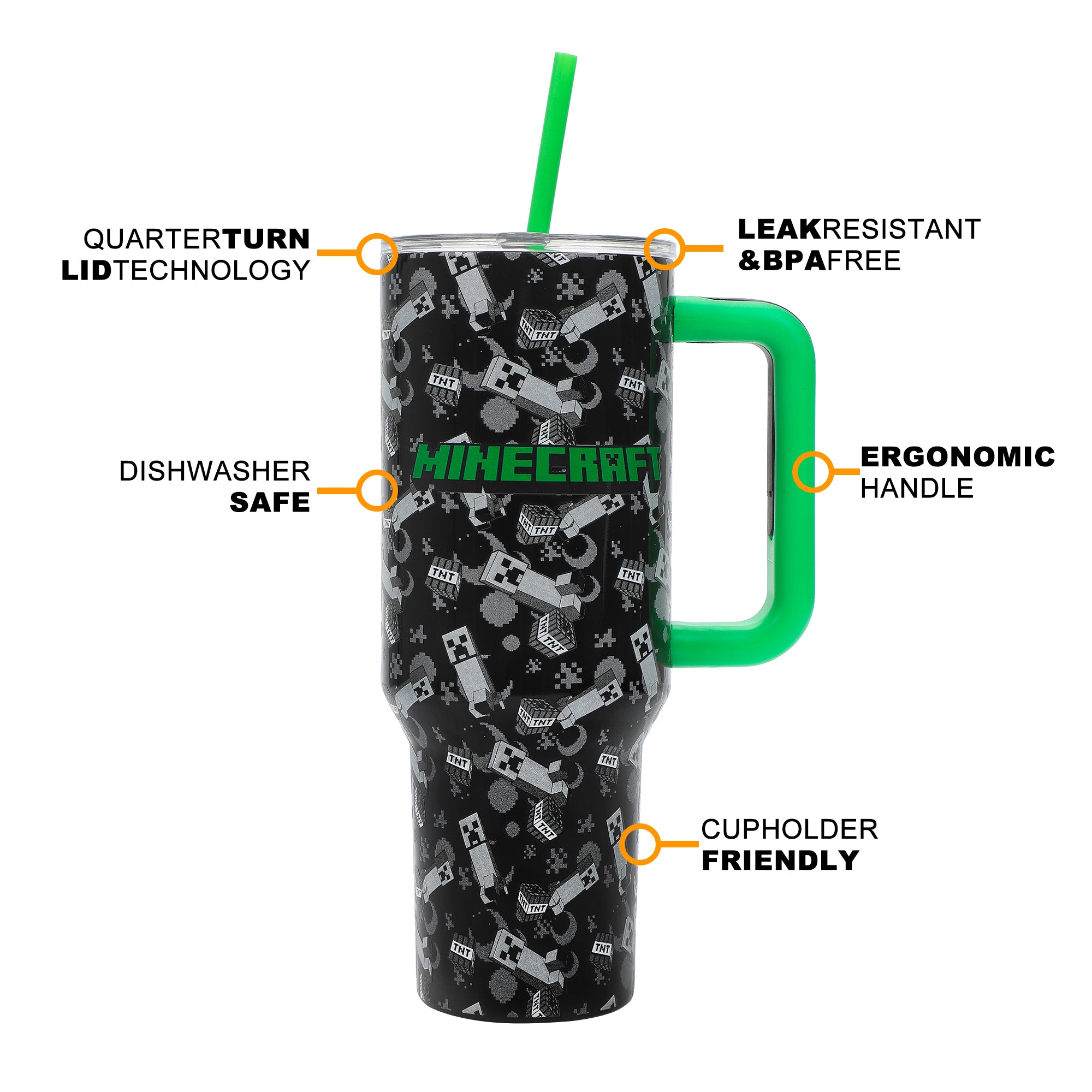 Bioworld Minecraft Creeper & TNT Vacuum Insulated 40 Oz. Black Stainless Steel Tumbler with Leak-Proof Lid & Easy Carry Handle for Travel or Home