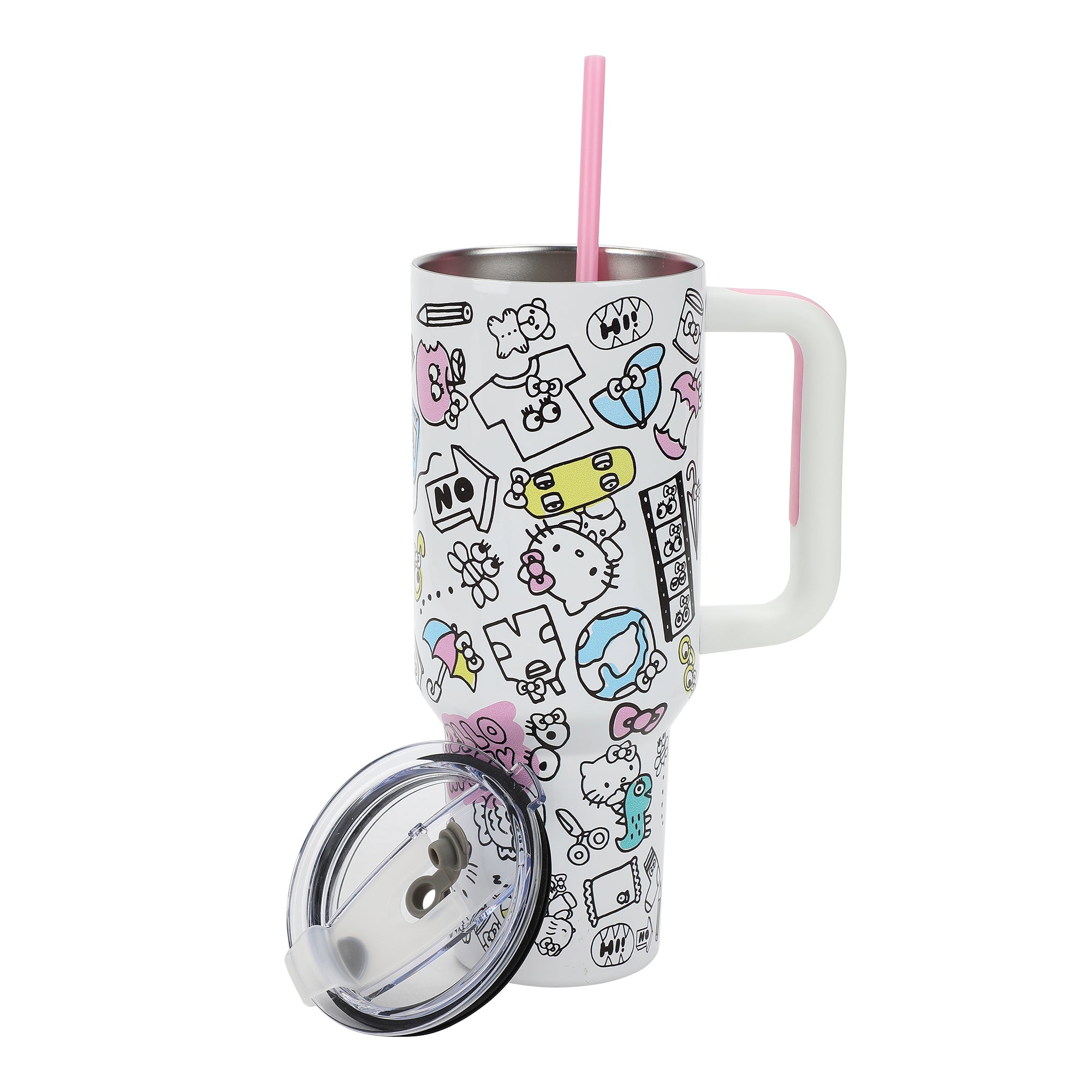 Bioworld Hello Kitty 40 Oz Vacuum Insulated Stainless Steel Tumbler with Handle & Slip-On Pouch, Leak-Proof Lid for Travel, Work, or Home