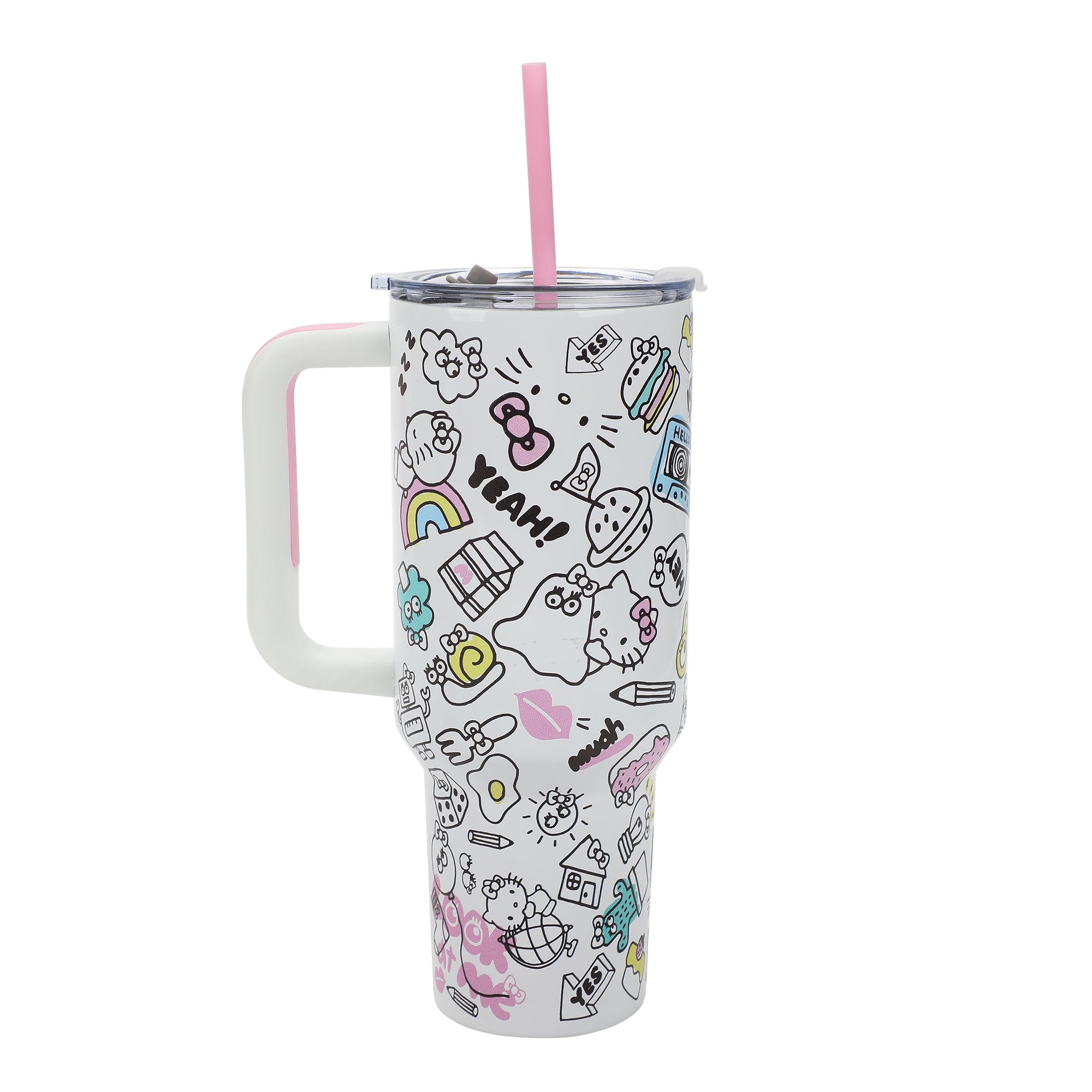 Bioworld Hello Kitty 40 Oz Vacuum Insulated Stainless Steel Tumbler with Handle & Slip-On Pouch, Leak-Proof Lid for Travel, Work, or Home