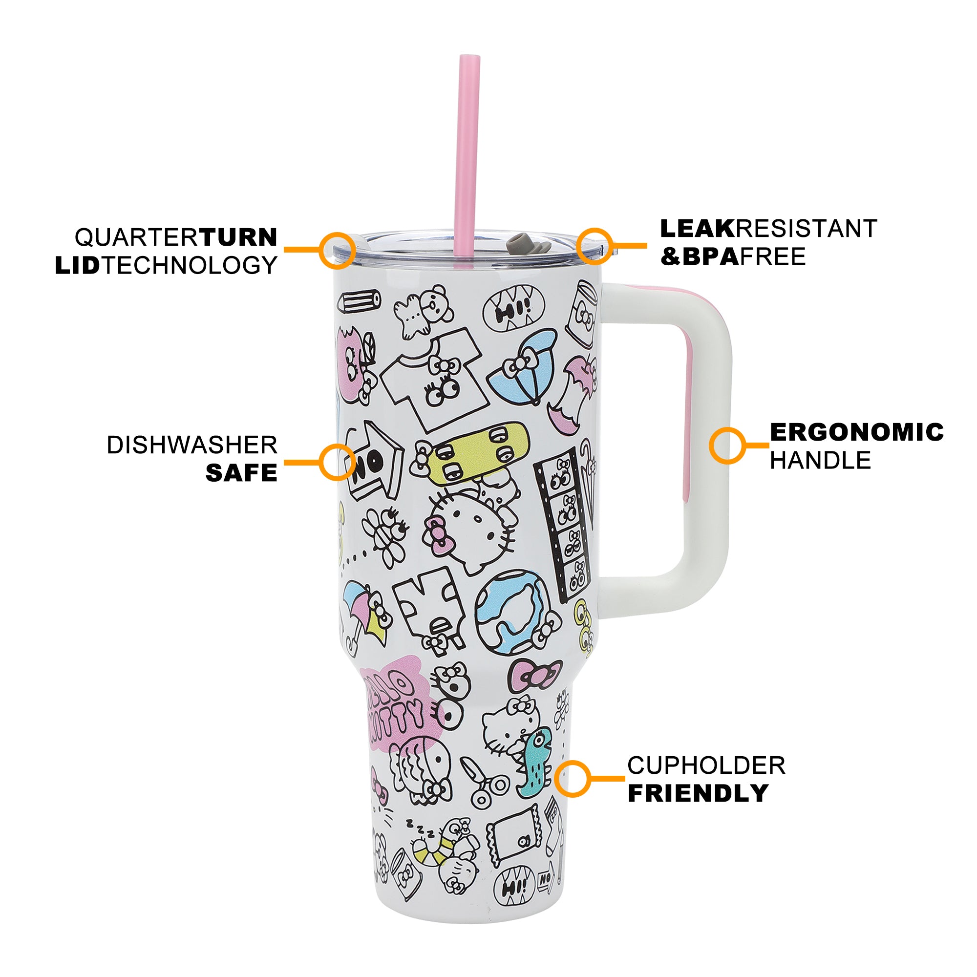 Bioworld Hello Kitty 40 Oz Vacuum Insulated Stainless Steel Tumbler with Handle & Slip-On Pouch, Leak-Proof Lid for Travel, Work, or Home