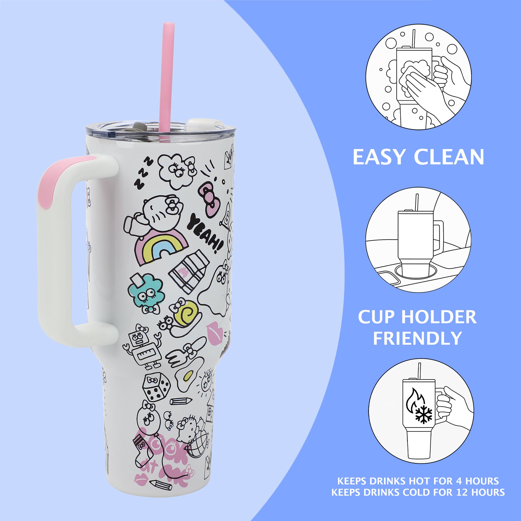 Bioworld Hello Kitty 40 Oz Vacuum Insulated Stainless Steel Tumbler with Handle & Slip-On Pouch, Leak-Proof Lid for Travel, Work, or Home