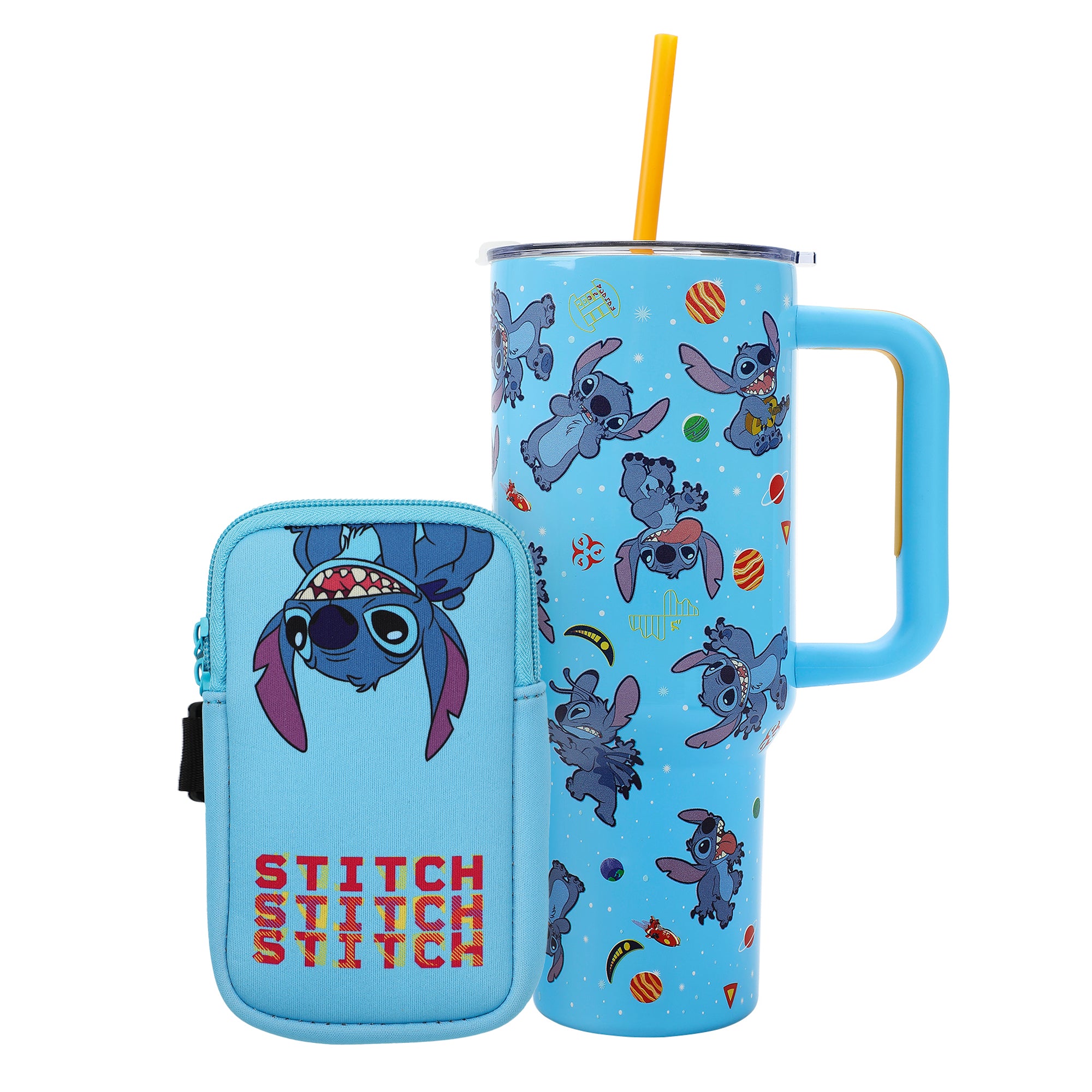 Disney Stitch Tropical Fruits & Flowers 40 Oz Blue Stainless Steel Tumbler With Removable Pouch