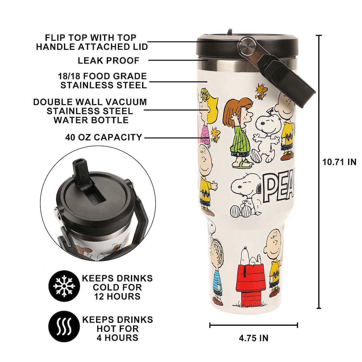 Peanuts All-Over Character Print White 40 Oz Stainless Steel Water Bottle
