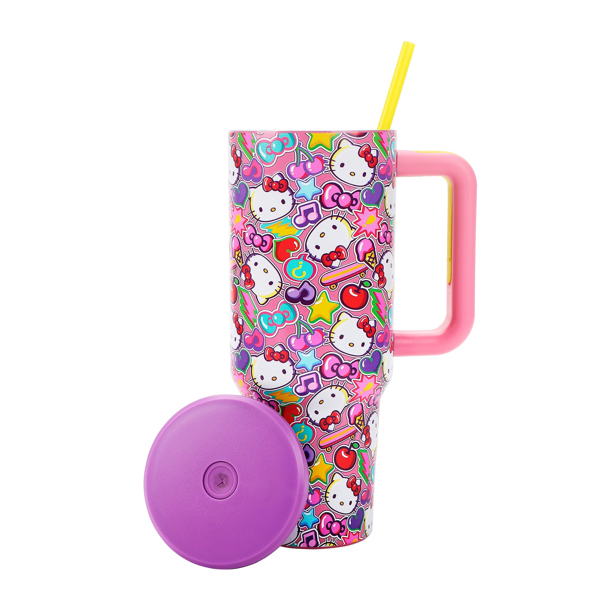Hello Kitty All-Over Print Vacuum Insulated 40 Oz. Stainless Steel Tumbler with Leak-Proof Lid & Chunky Easy Carry Handle for Travel or Home