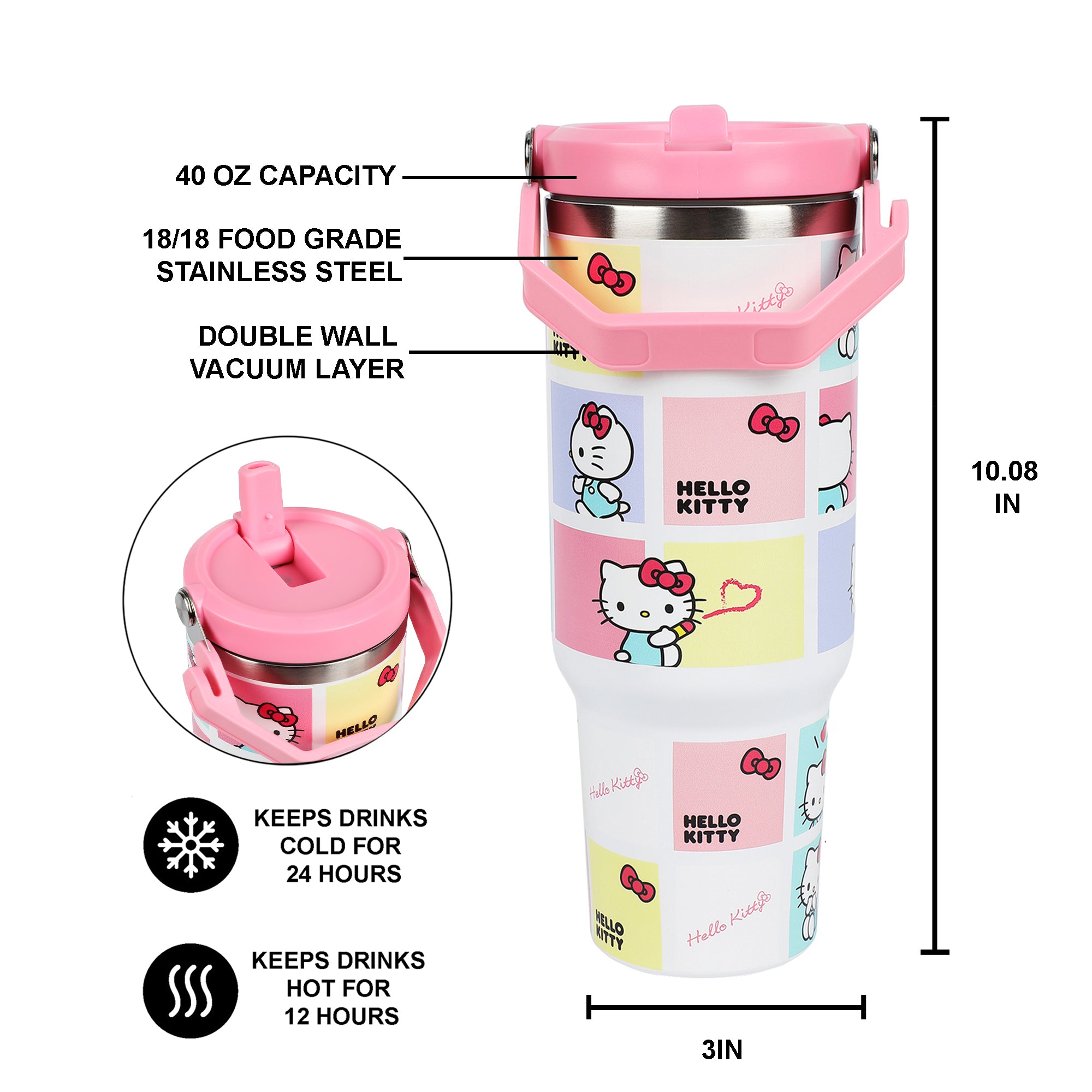 Hello Kitty Character Squares White 40 Oz Stainless Steel Tumbler