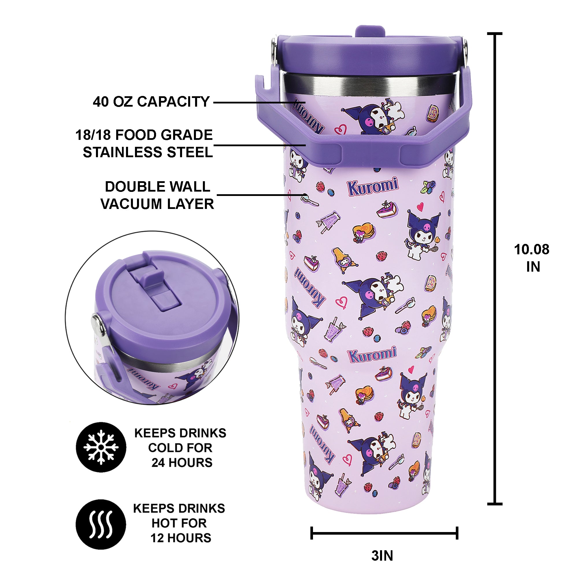 Kuromi Purple All-Over Print 40 Oz Stainless Steel Tumbler With Handle