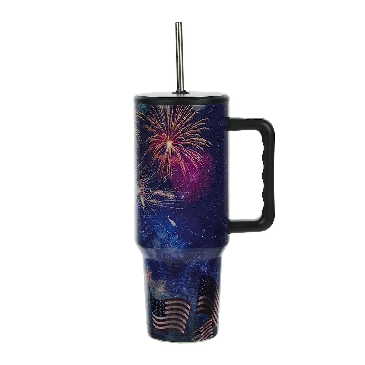 Bioworld Americana 40 Oz. Vacuum Insulated Stainless Steel Tumbler with Leak-Proof Lid & Handle, Patriotic Fireworks & American Flag Design for 4th of July or Everyday Travel