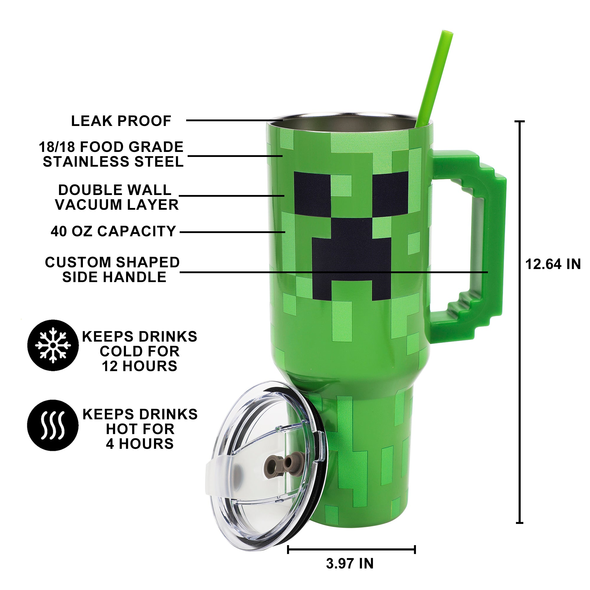 Minecraft Creeper Ultimate 40 Oz. Stainless Steel Tumbler With Pixelated Handle