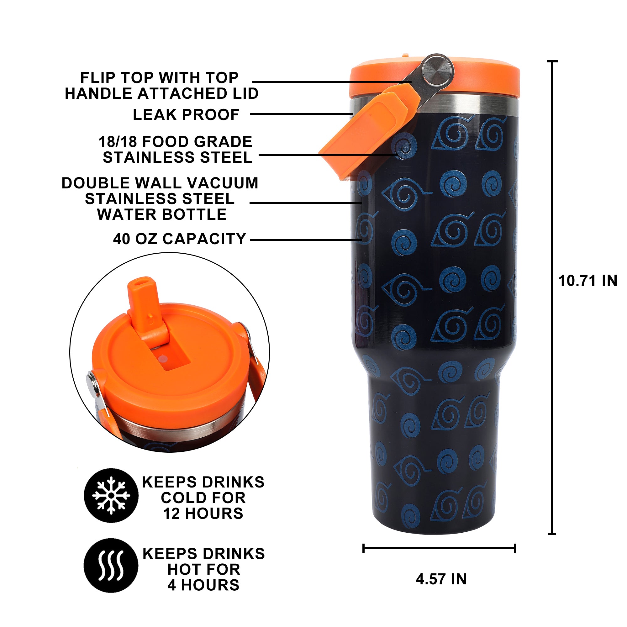 Naruto Character & Icons 40 Oz Black Stainless Steel Water Bottle