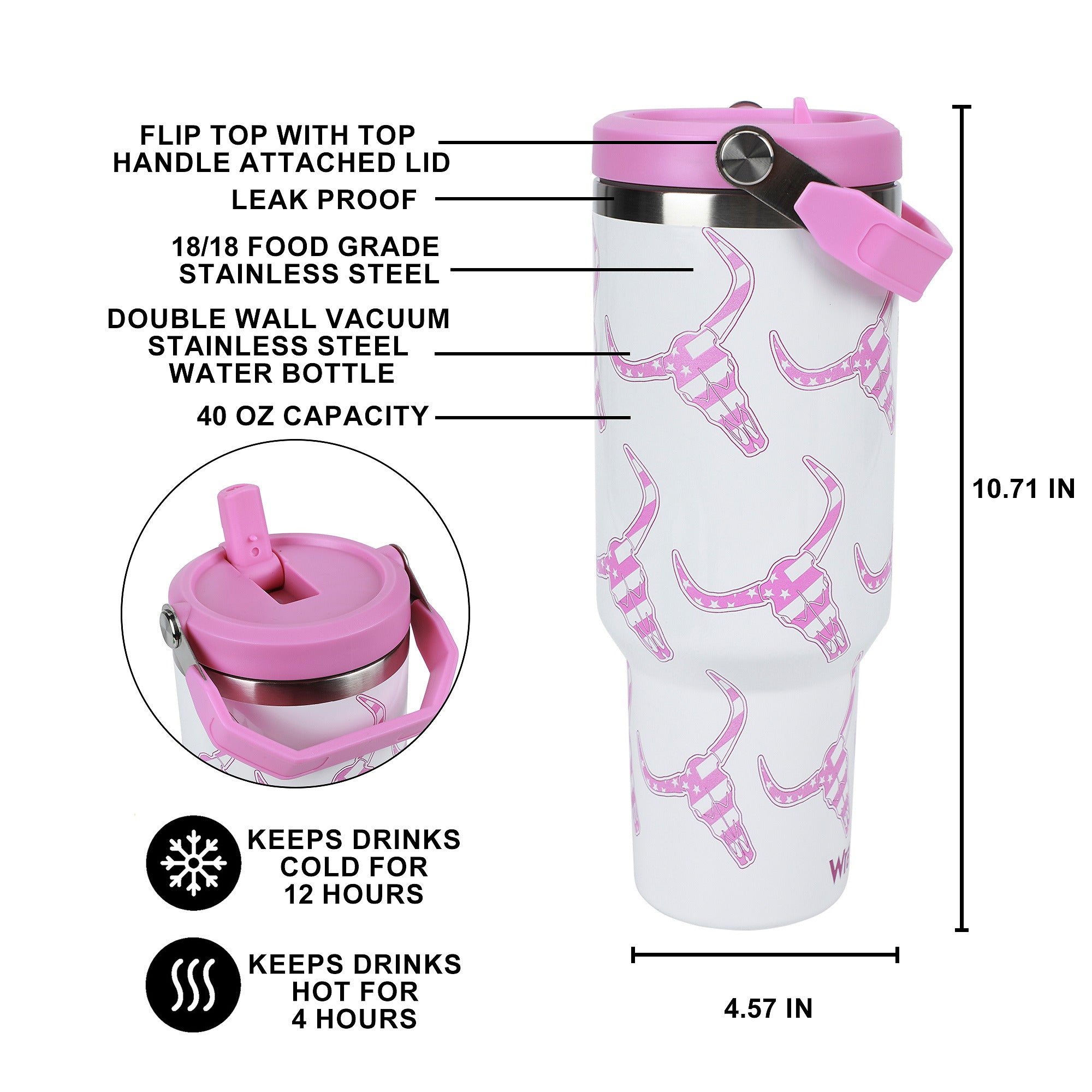 Wrangler Patriotic Cow Skull White 40 Oz Stainless Steel Water Bottle