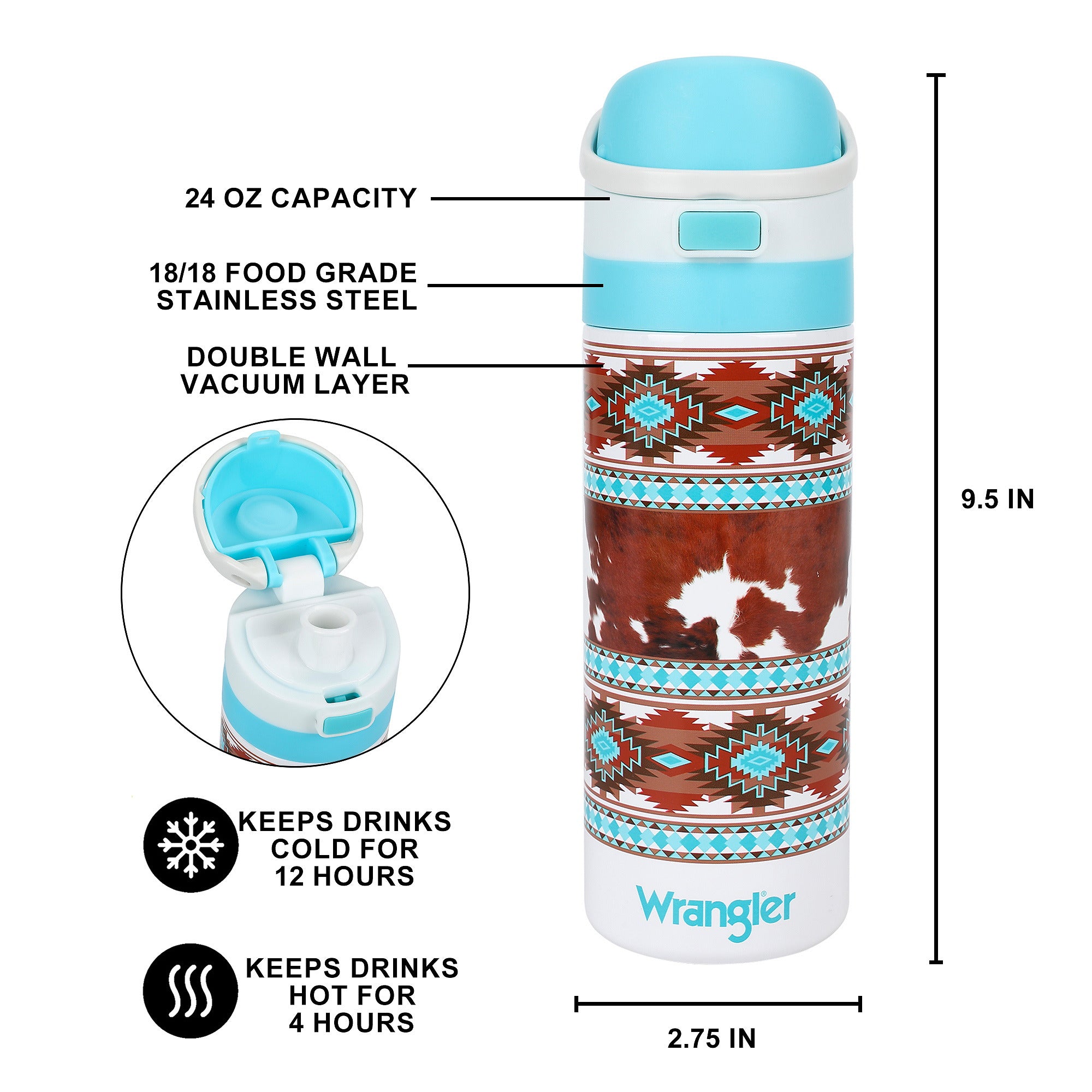 Wrangler Leather Pattern 24 Oz Stainless Steel Water Bottle