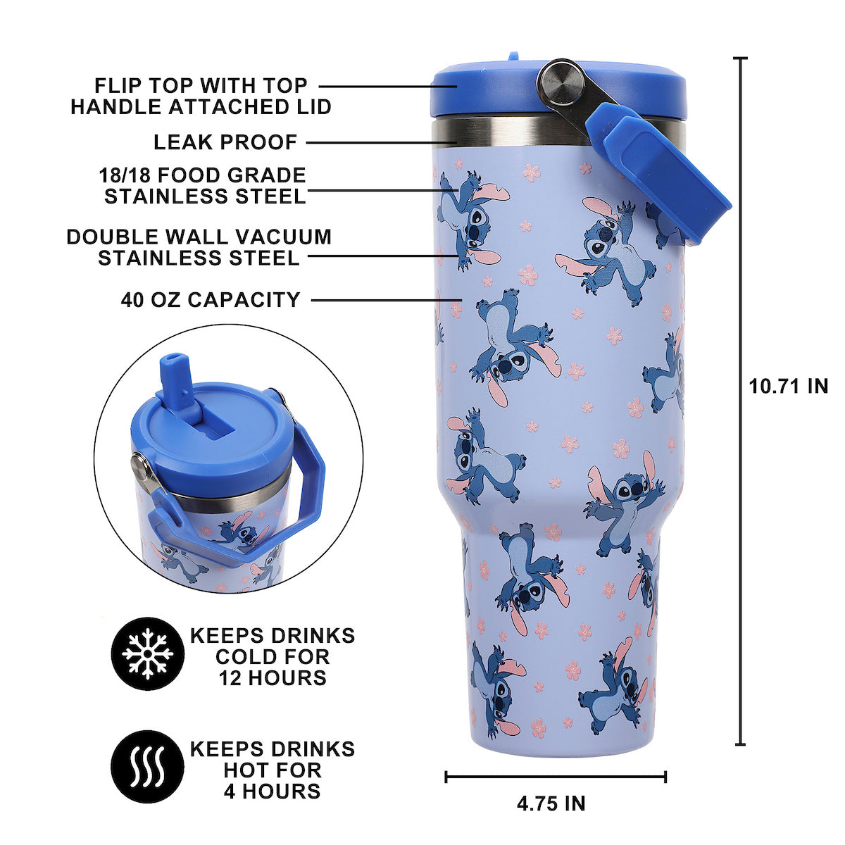 Disney Lilo & Stitch Sky Blue AOP 40 Oz. Vacuum Sealed Stainless Steel Tumbler With Carry Handle
